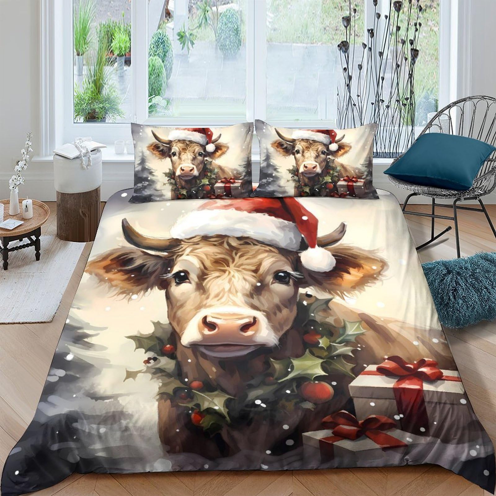 Ctjqhvkz Style-7 3D Printed Christmas Cow Fitted Sheet Microfiber Soft Santa Hat Bed Cover For Bedroom Home Decor Single（135X200cm）