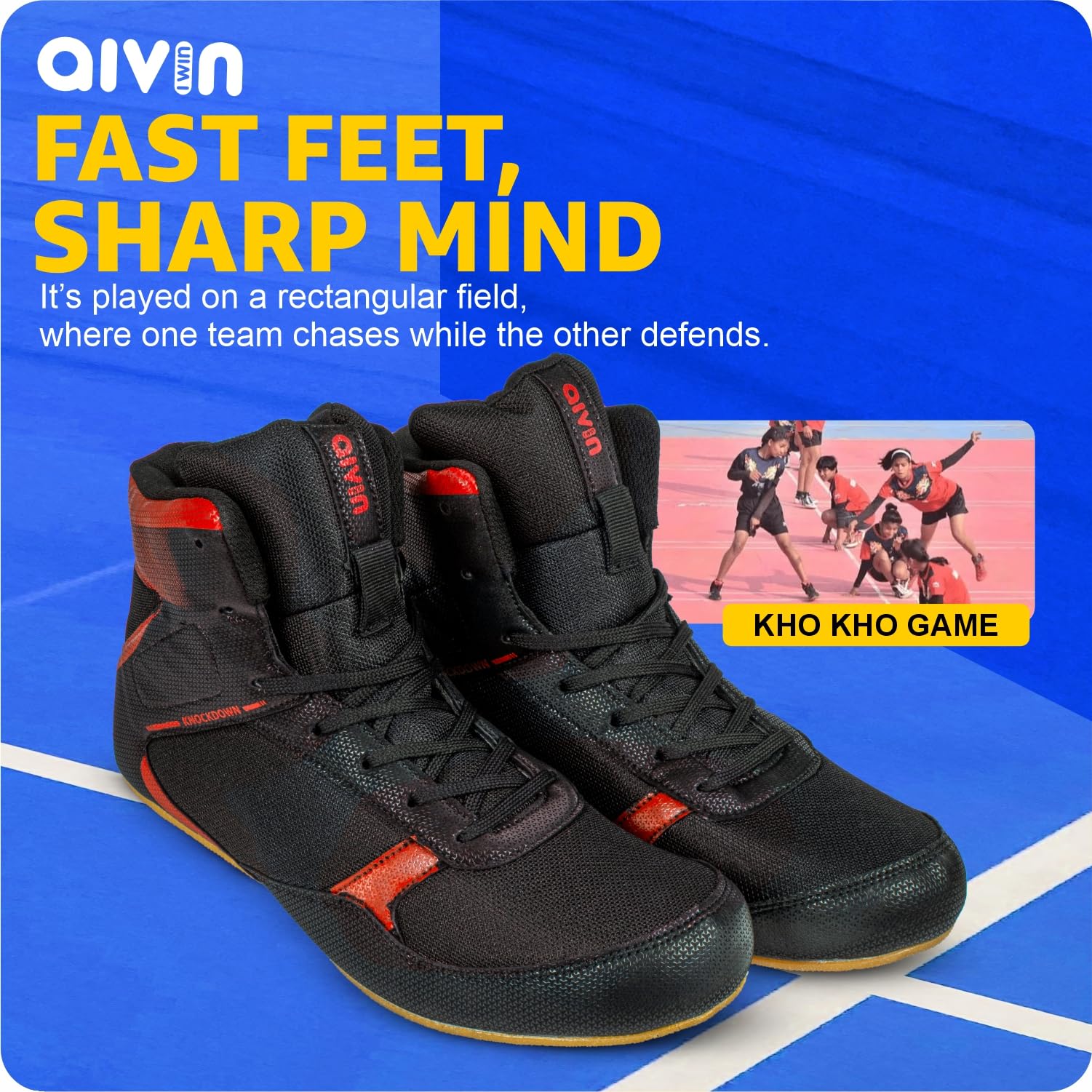 Aivin Knockdown Mens Kabaddi Shoes I Mesh & Synthetic Upper| Ideal for Kabaddi, Wrestling, Kho Kho (Black/Red, UK Footwear Size System, Adult, Men, Numeric, Medium, 10) 1