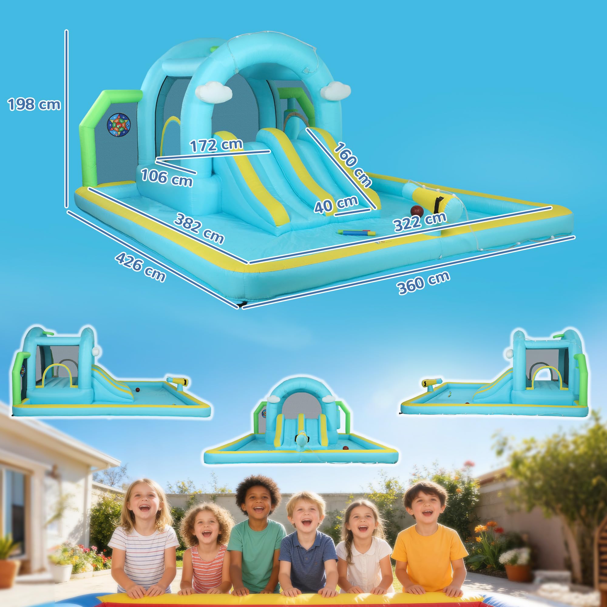 AIYAPLAY Castillo Hinchable Grande Acuático 7 en 1 con Soplador 450W Hinchable para Niños con Tobogán Seco/Agua, Trampolín, Piscina, Canasta, Columna de Boxeo Exterior/Interior 3-8 Años 426x360x198 cm