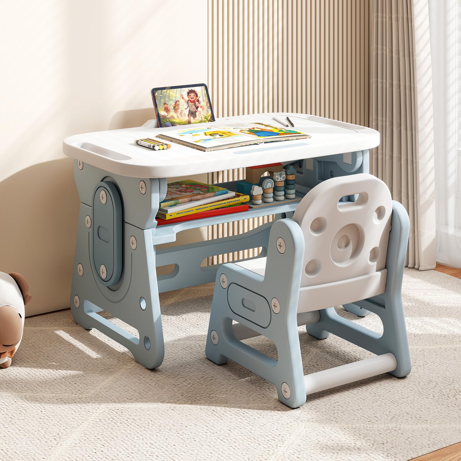 COSTWAY Set Tavolo e Sedia per Bambini 3+ Anni, Tavolo Regolabile in Altezza con Lavagna Inclinabile, Sedia Ergonomica, Supporto per Libri e Ripiano Concavo, per Disegnare e Leggere (Blu)