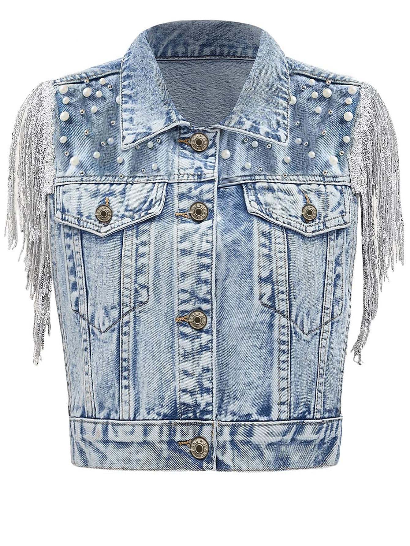Womens Pearls Beading Denim Vest Sleeveless Sequin Fringe Jean Vest Western Cowgirl Outfit Tops
