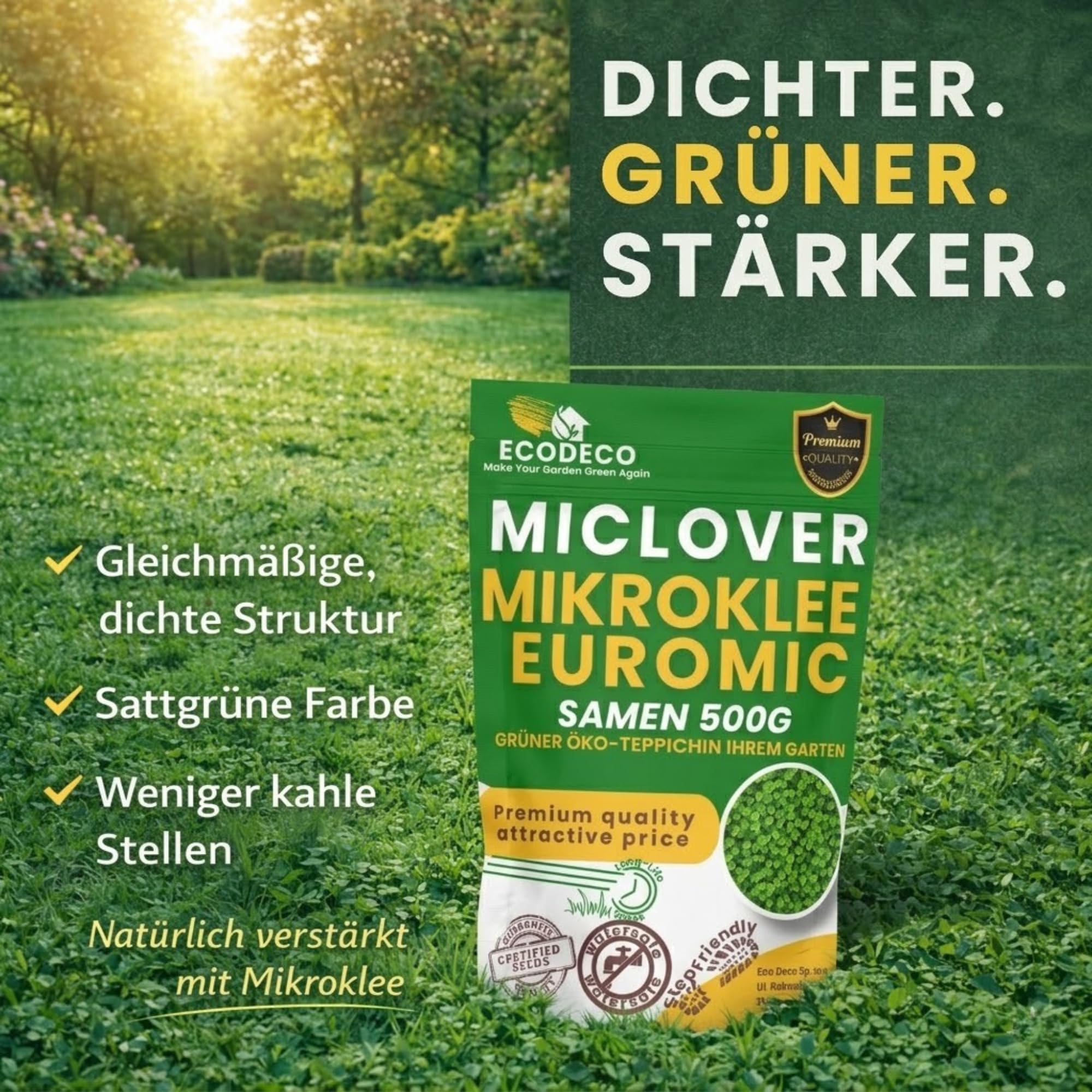 ECODECO Nasiona mikrokoniczyny 500 g - nasiona białej koniczyny - nasiona koniczyny - koniczyna karłowata do równomiernej i zielonej trawy - mikrokoniczyna do nasion trawy - 400 m² z trawą lub 200 m²