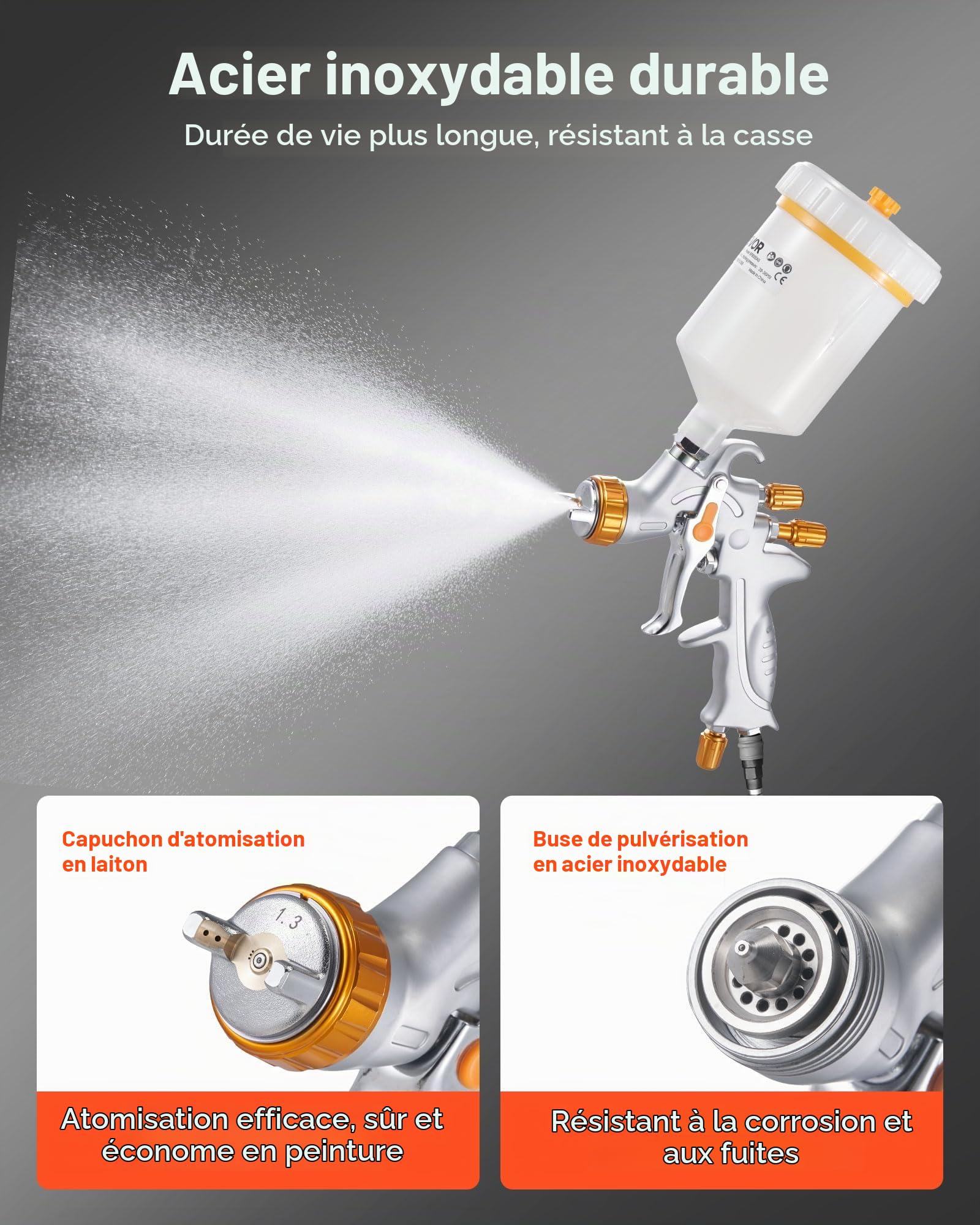 VEVOR Pistolet Pulvérisateur à Peinture Pneumatique HVLP par Gravité, 600 ML, avec 3 Buses 1,3 mm 1,4 mm 1,7 mm, Pistolet Professionnel à Peinture Automobile à Air Comprimé, pour Meubles et Voitures