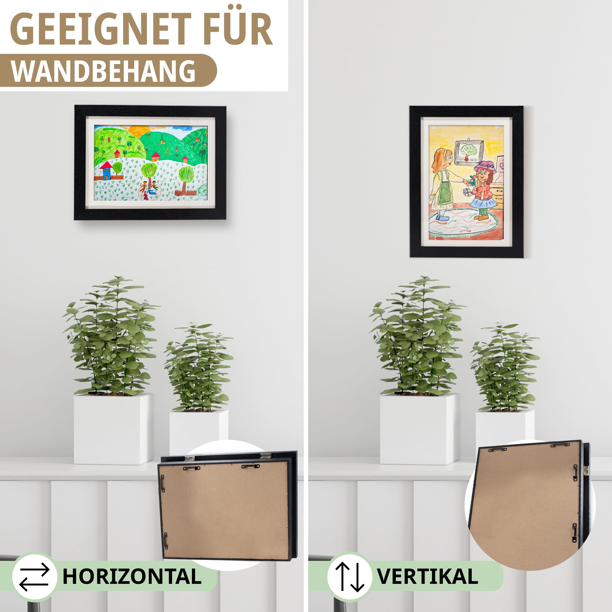 KIYARI Bilderrahmen Kinderzeichnungen A3 Schwarz, Aufklappbar & Frontöffnung, für bis zu 150 Zeichnungen, Robustes Holz & bruchsicheres Glas, Ideal für Kunstprojekte, Kinderzimmer & Schule