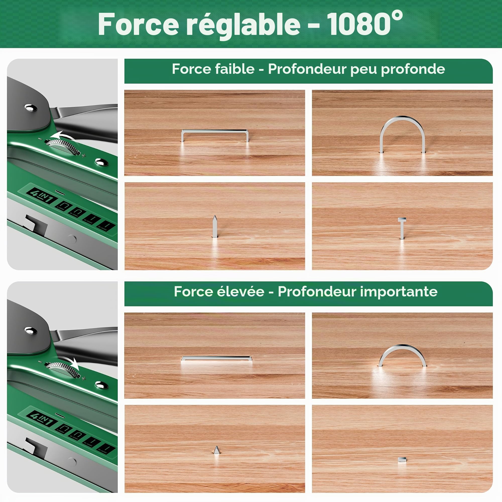 Agrafeuse Murale Professionnelle 4 en 1 avec 4000 Agrafes & Dégrafeuse - Réglage 1080°, Puissante pour Bois, Tapisserie, Mobilier, Tissu et Projets DIY
