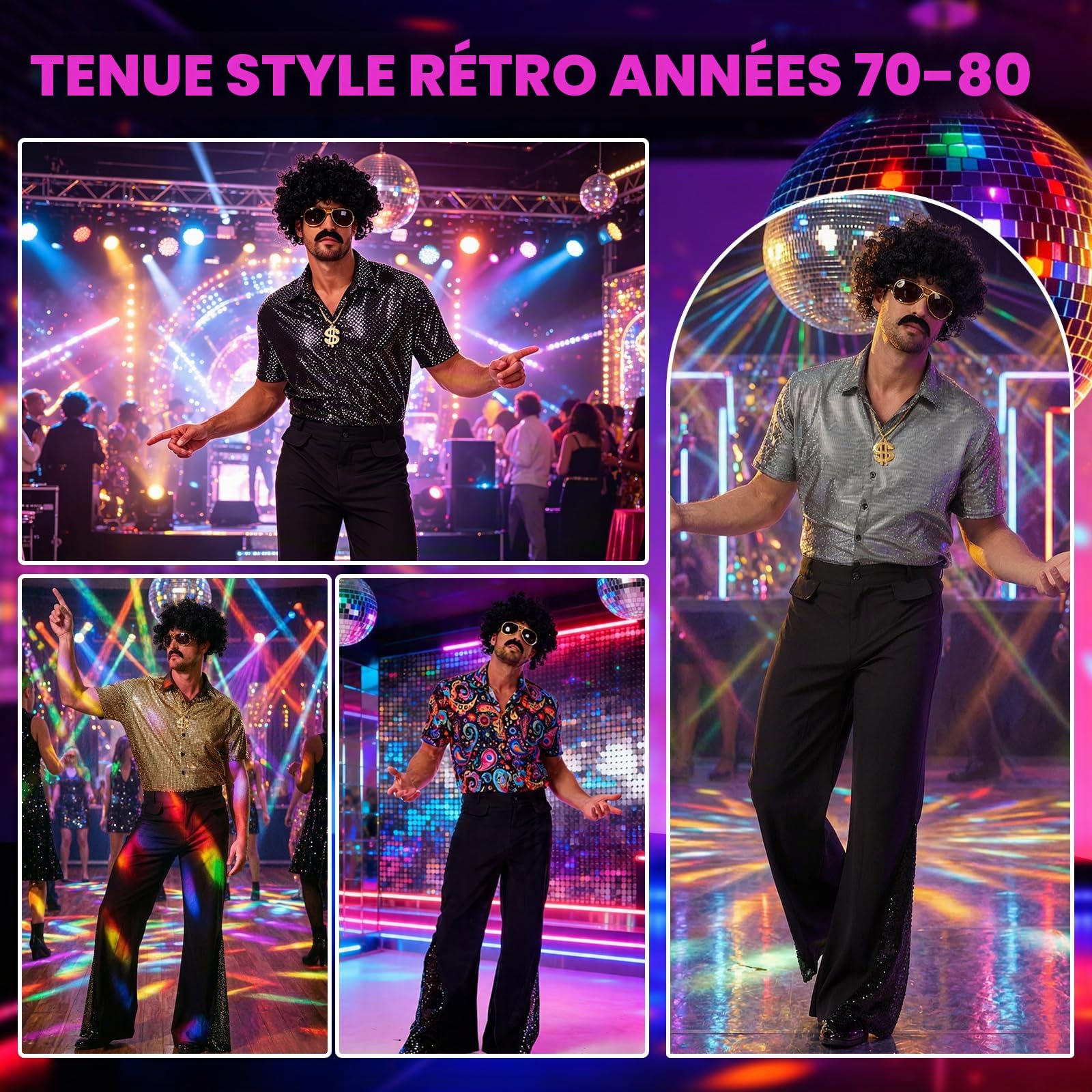 Costume disco pour homme des années 70 - Tenue de fête rétro avec chemise à paillettes à manches courtes, pantalon évasé serré et perruque afro - 7 pièces pour carnaval, fête à thème et