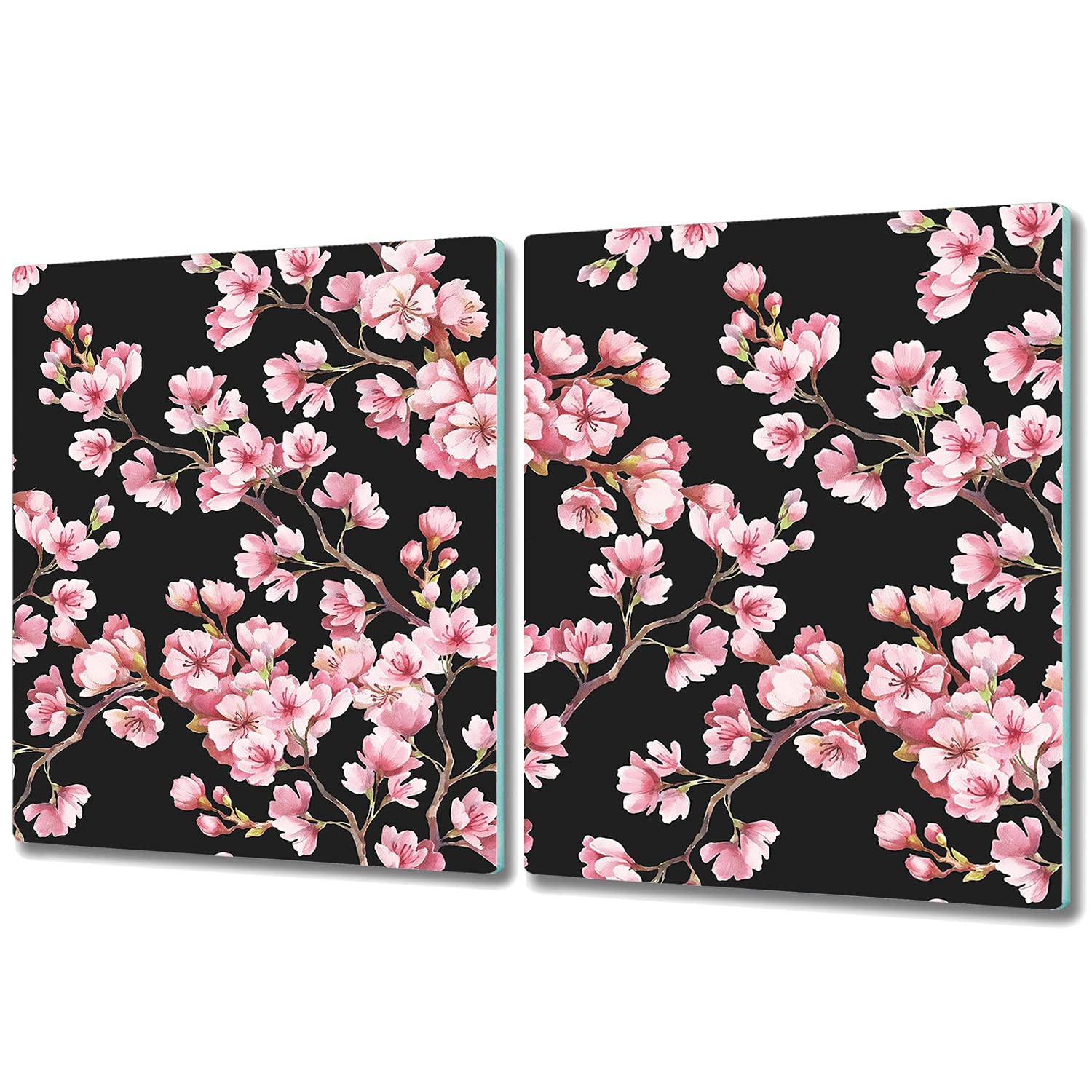 Coloray Glass Chopping Board Cutting Board Worktop Protection 2X 15.8 x 20.5 inch / 2x40x52cm Splashback for Kitchen Tempered Safety Glass - Cherry Blossoms Pink and Black