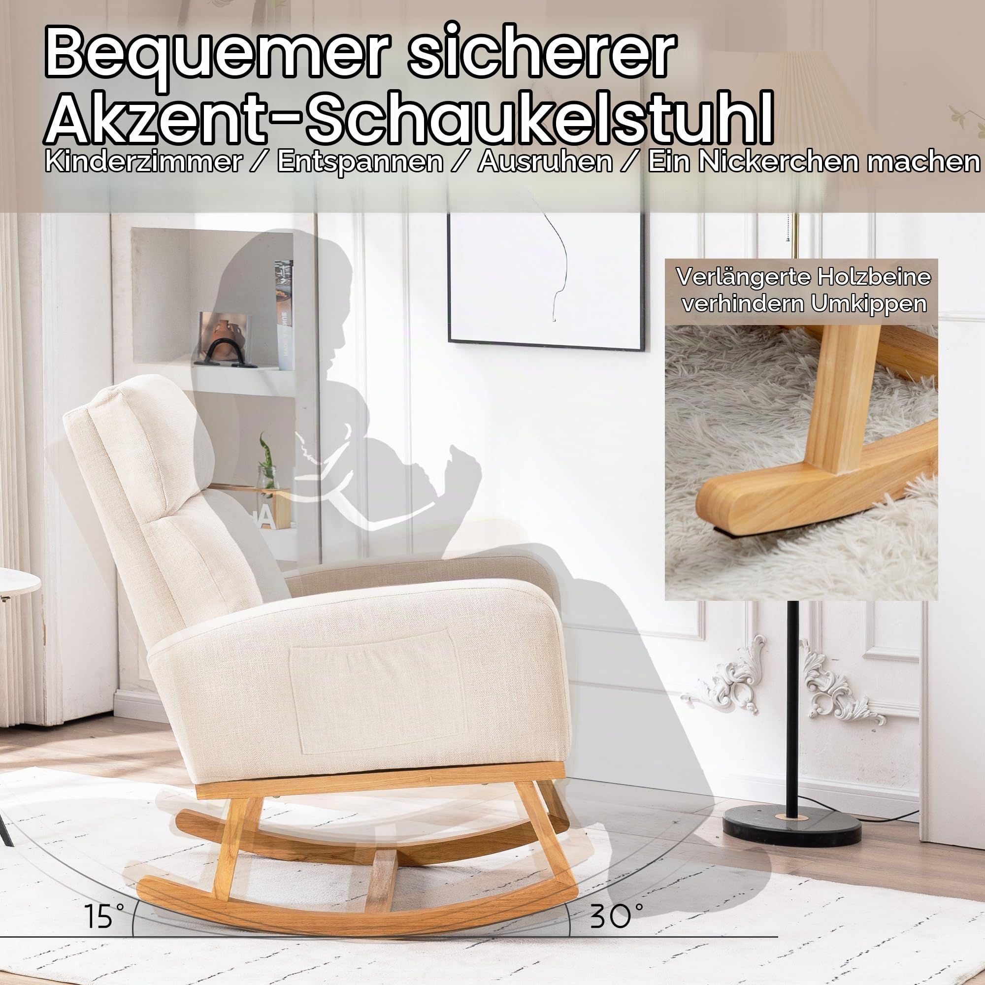 Schaukelstuhl Stillsessel Schaukelsessel, Gepolsterter Stillstuhl mit Holzbeinen & Seitentaschen, Hochlehner Schaukelstuhl zum Stillen für Wohnzimmer, Schlafzimmer und Babyzimmer (Beige-linen)