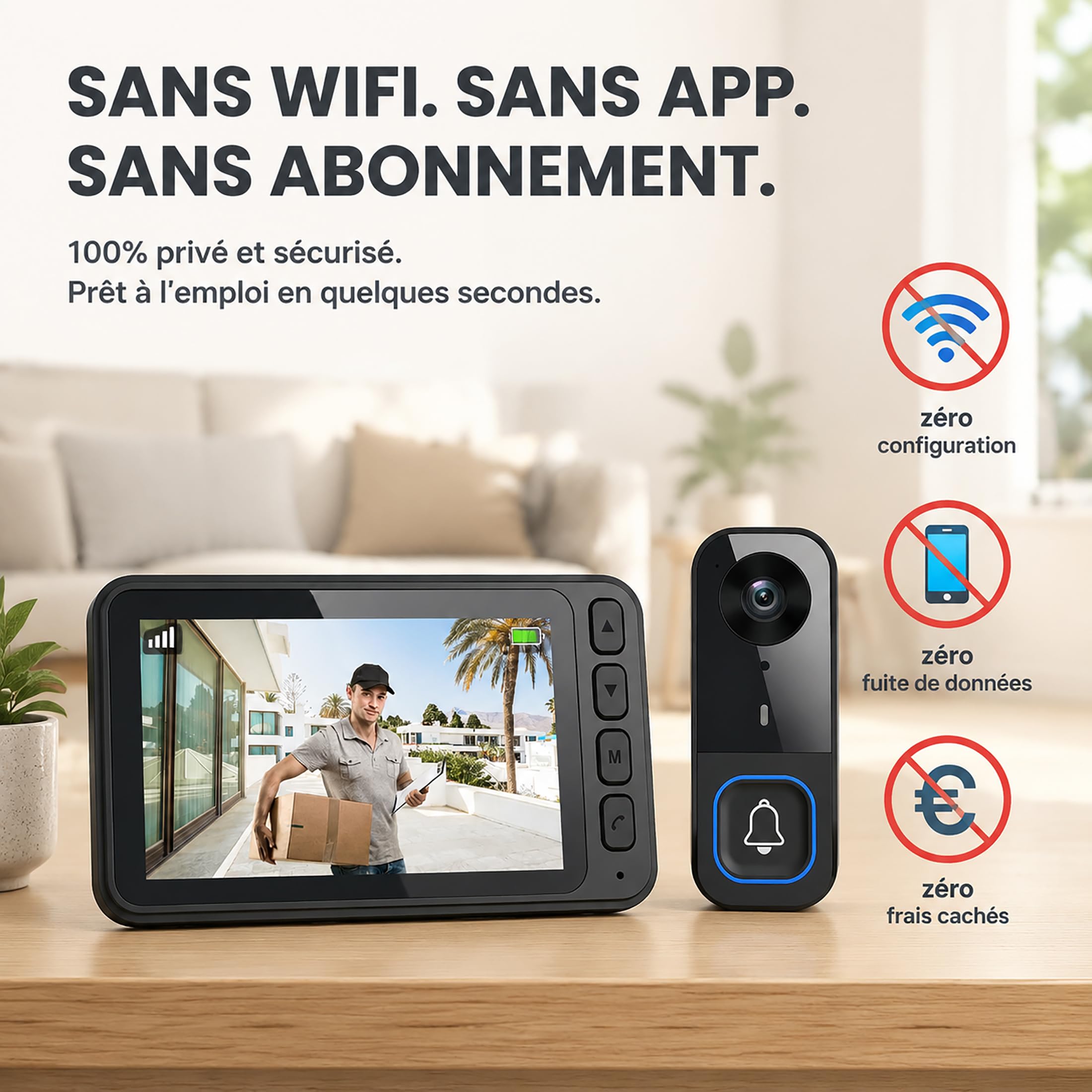 Sonnette sans Fil avec Caméra Extérieure Étanche IP65, Visiophone sans Fil Portée 40m, Interphone Vidéo sans Fil 1000mAh, Écran IPS 4.5 Pouces, Vision Nocturne Infrarouge, sans WiFi sans Application