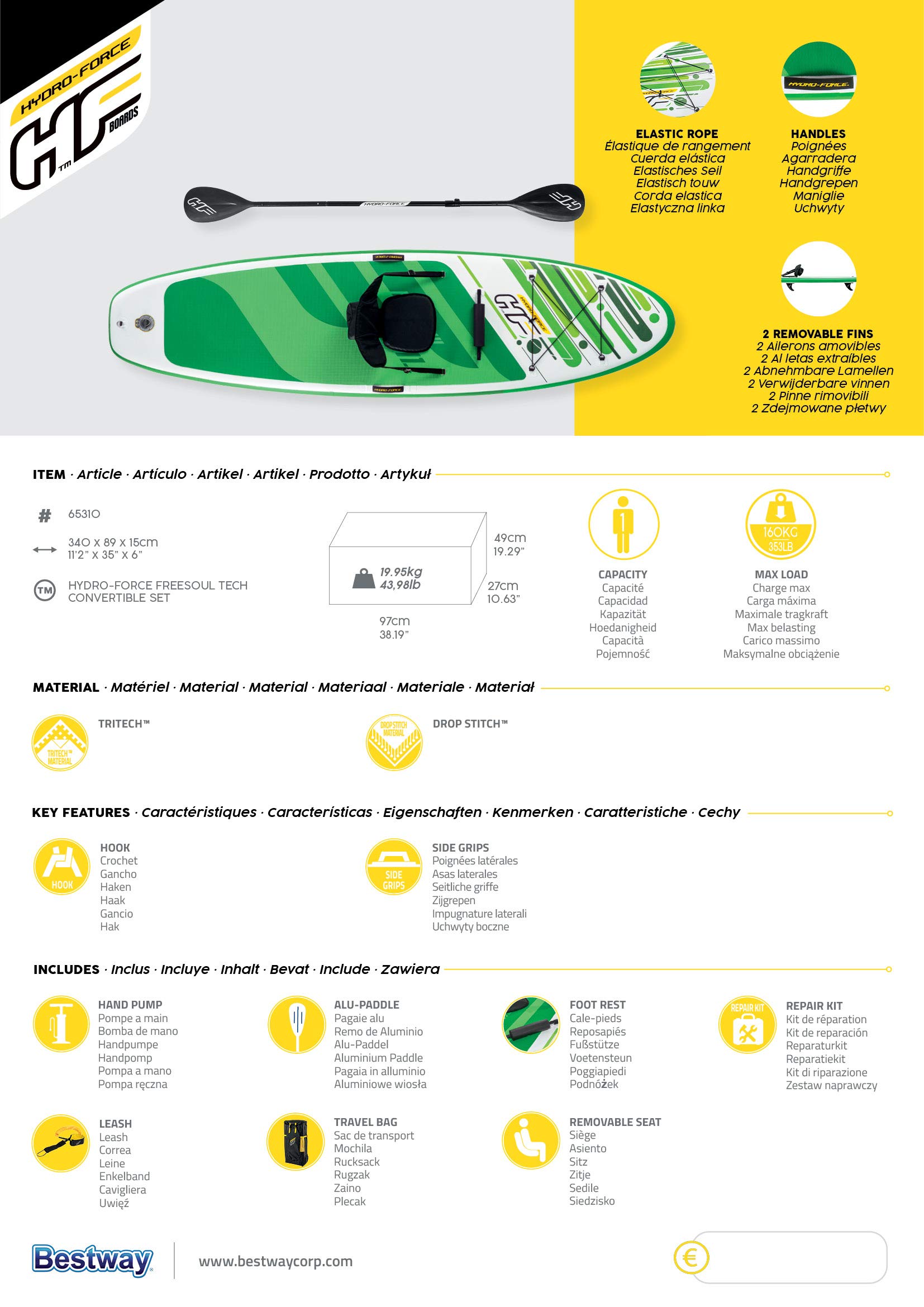 Hydro-Force SUP, aufblasbares Stand Up Paddle Board, Komplett-Set mit Kajak-Umbausatz, mehrere Stile, Größen 30 cm, 3 m