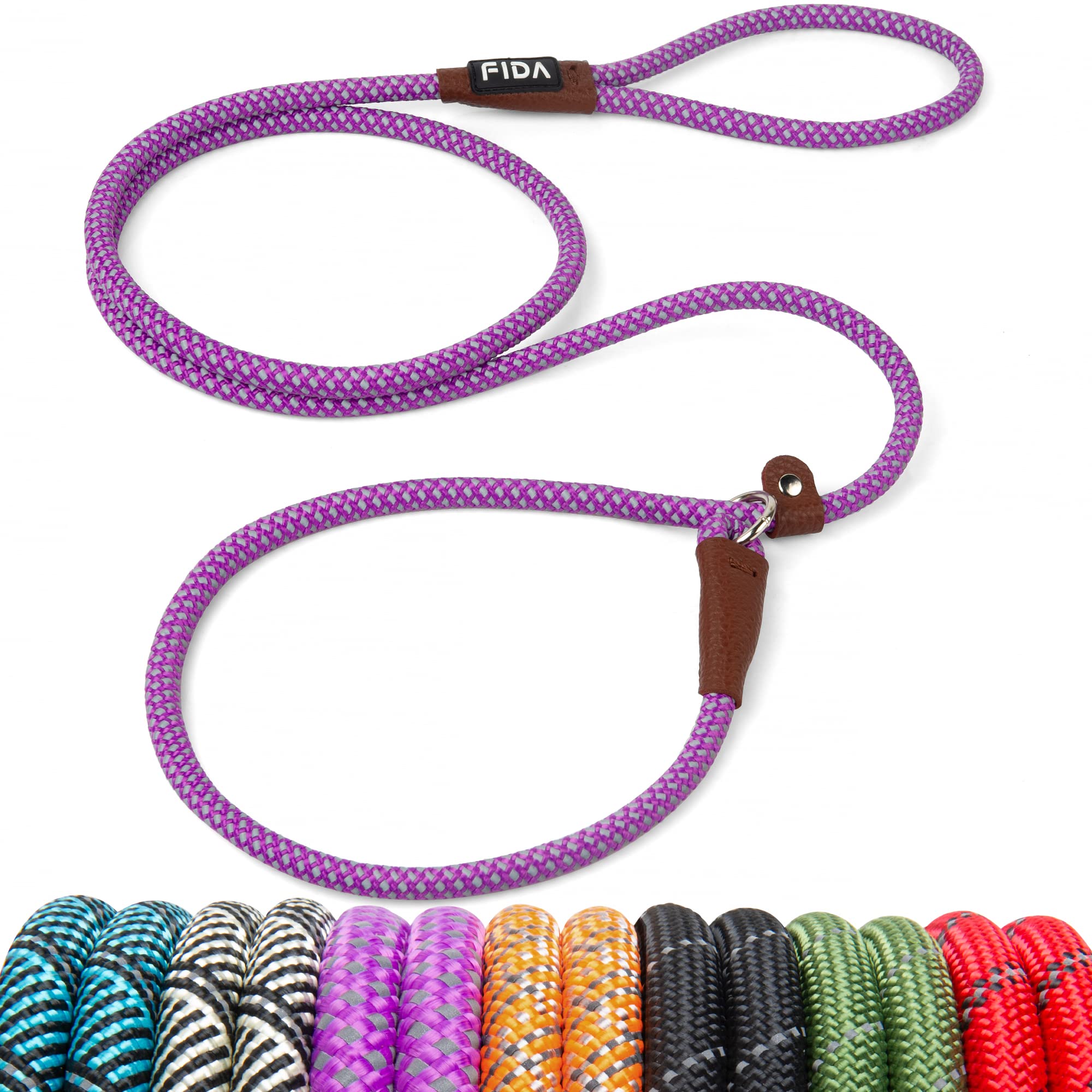 Fida Slip Rope Hondenlijn | 1,8 m, one size fits all, slip on touwriem, gemakkelijk aan te trekken, geen kraag of harnas nodig. Duurzaam en weerbestendig klimtouw met reflecterende stiksels (zwart/S