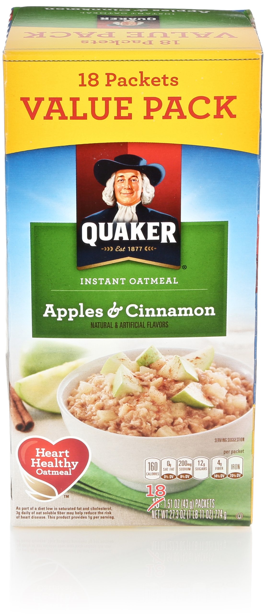 Quaker Instant Oatmeal, Apples and Cinnamon, 18 Count