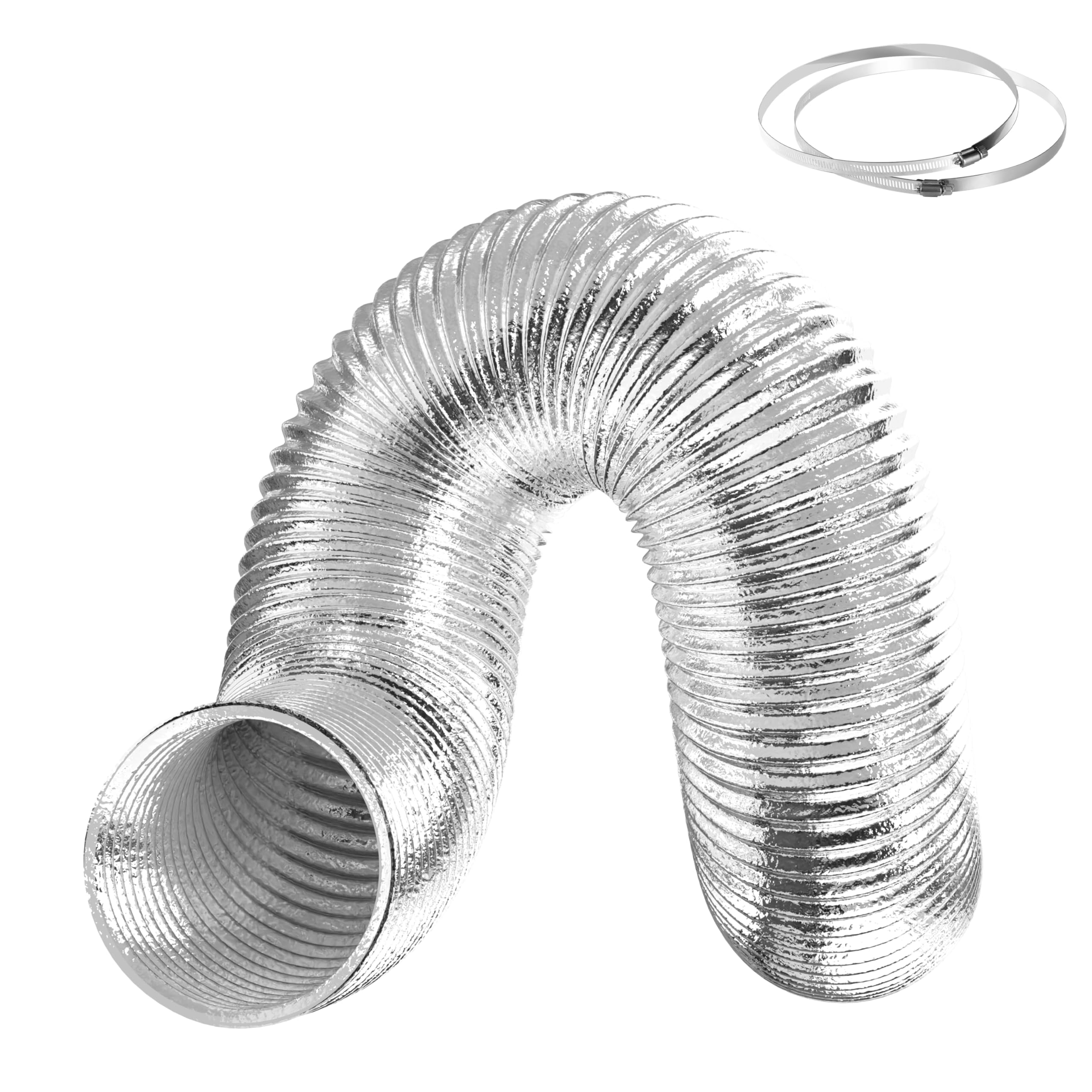 Conducto de aluminio flexible de 8 pulgadas, manguera de ventilación de secadora, protección de tres capas resistente, 25 pies de largo para calefacción, refrigeración y escape, color plateado