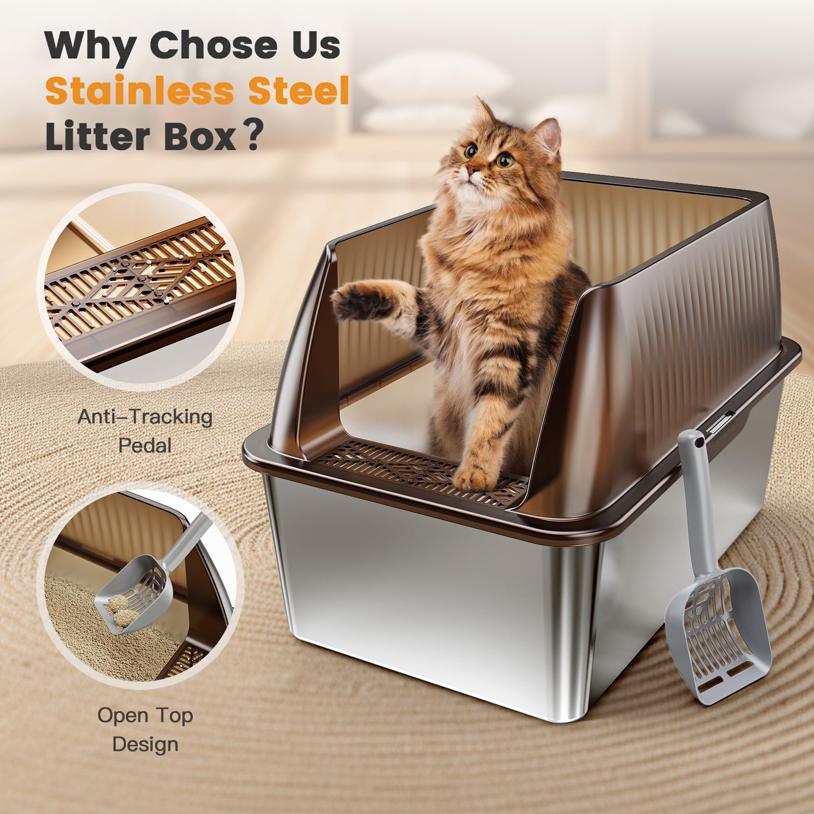 Tripamin 15” XL Stainless Steel Cat Litter Box Enclosure, XXL Stainless Steel High Sides with Lid, Extra Large Metal Cat Litter Box (Translucent Black, XX-Large) - image 4