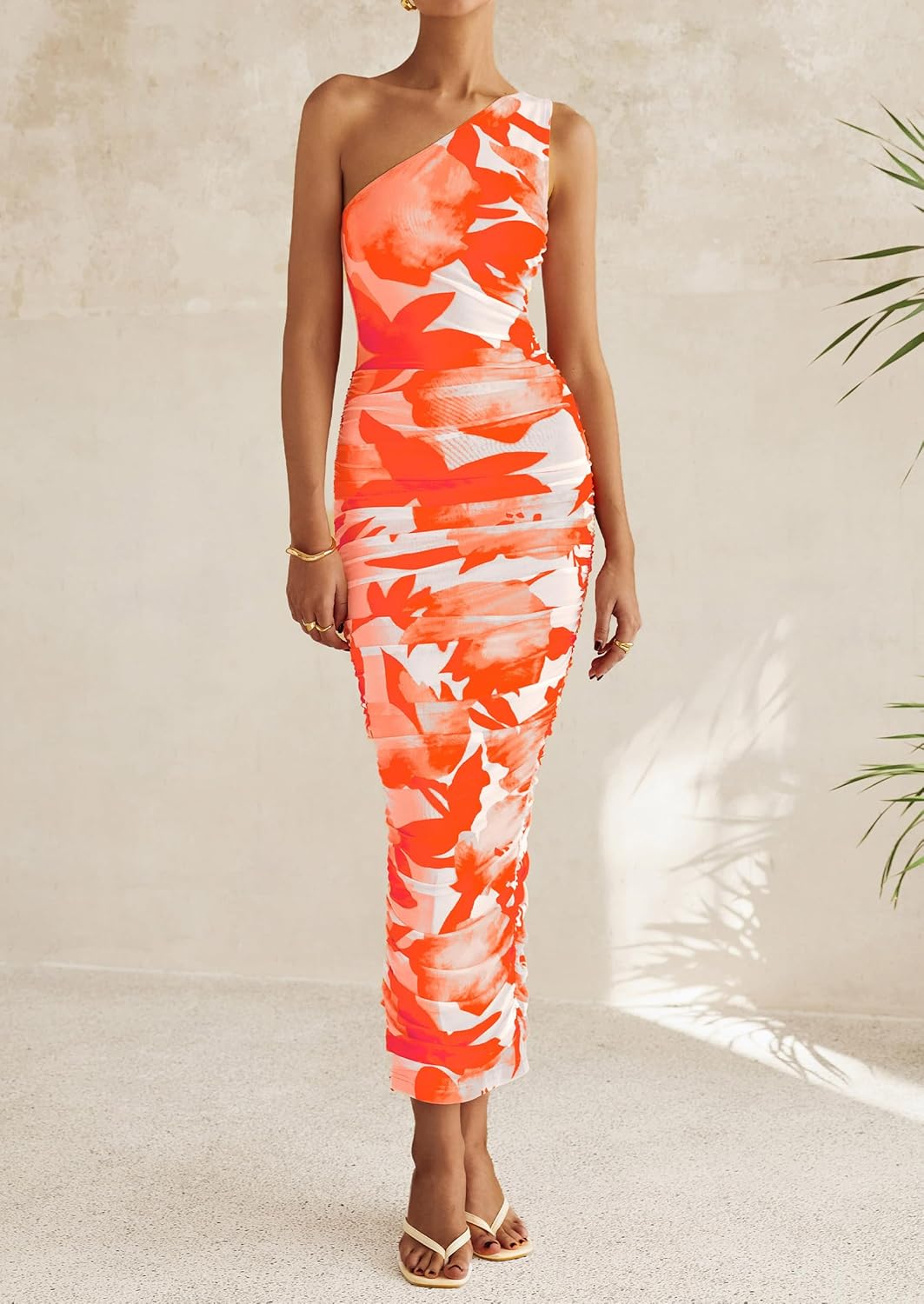 PRETTYGARDEN Women's One Shoulder Bodycon Dresses Summer 2026 Ruched Floral Beach Cocktail Wedding Guest Dress - Image 5