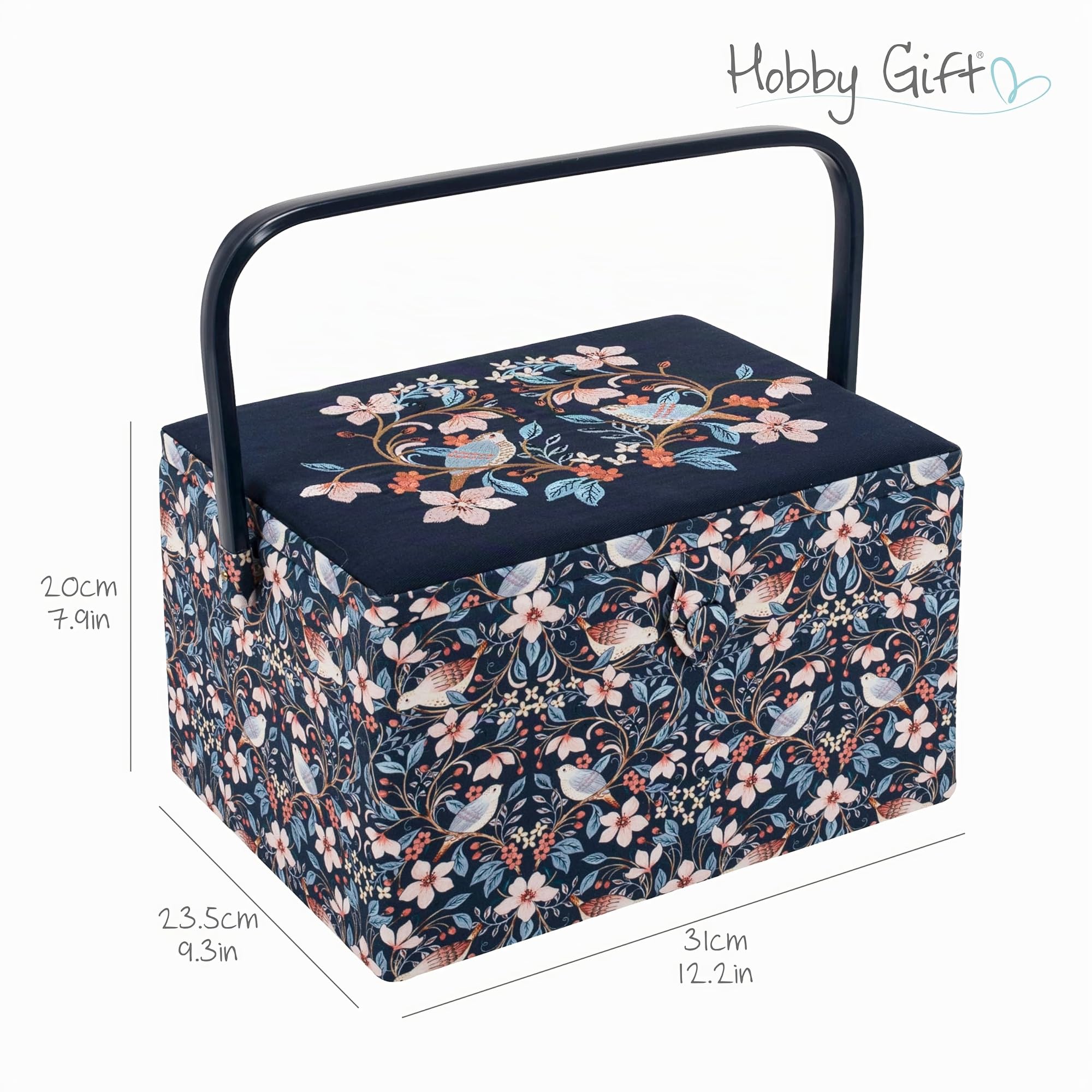 Hobby Gift Caja de costura grande - Pájaros en flores de tela de algodón bordada con asa de plástico, bandeja interior de plástico duro con compartimentos, alfiletero 23,5x31x20cm