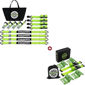 StarLeaparts Ratchet Tie Down Set 4PK - 10,000lb with Heavy Duty Wheel Chock Tie Down Straps Set 2PK - 4,400lb