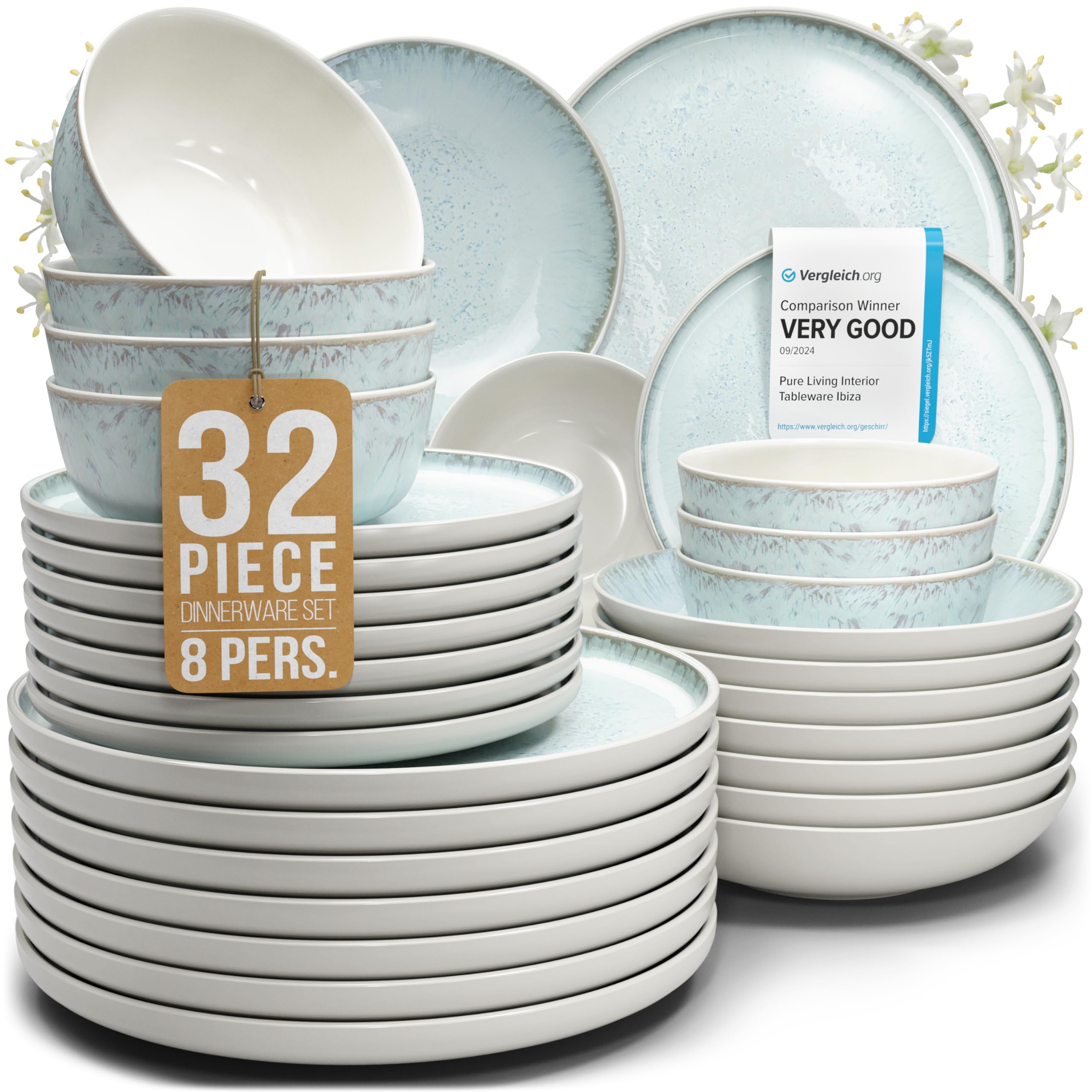 Pure Living stoneware dinnerware set beige and blue