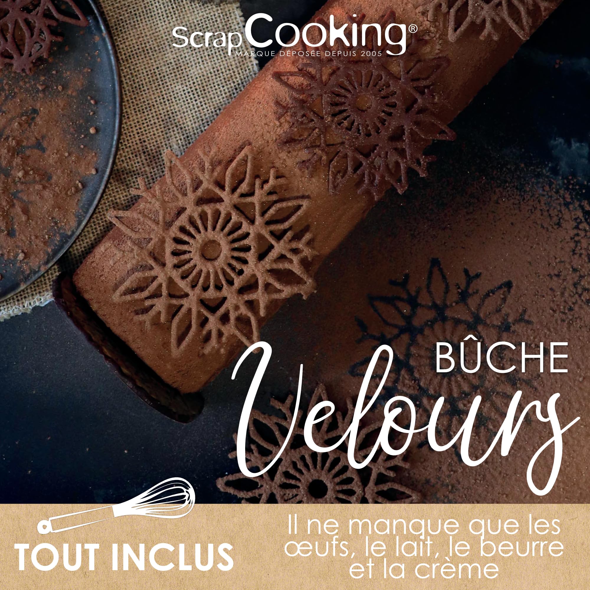 ScrapCooking - Coffret Bûche de Noël « Velours » - Kit Moules & Ingrédients - Insert Bûche & Moule Tuiles Flocons - Gouttière Pâtisserie - Dessert Réveillon - Avec Recette Bûche 3 Chocolats - 1942