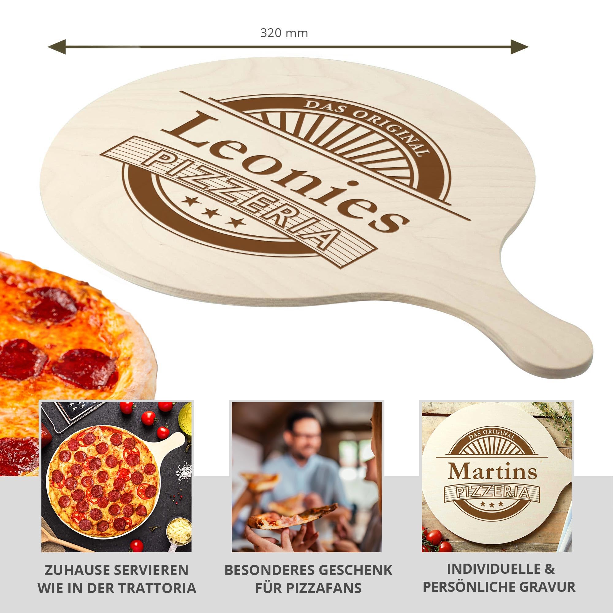 Pizzabrett mit Gravur, Pizzateller mit Name, Personalisiertes Schneidebrett, Holz Serviertablett, Pizza Servierbrett, Großer Holzteller, Servierplatte, Küchenzubehör, Geschenke für Frauen und Männer