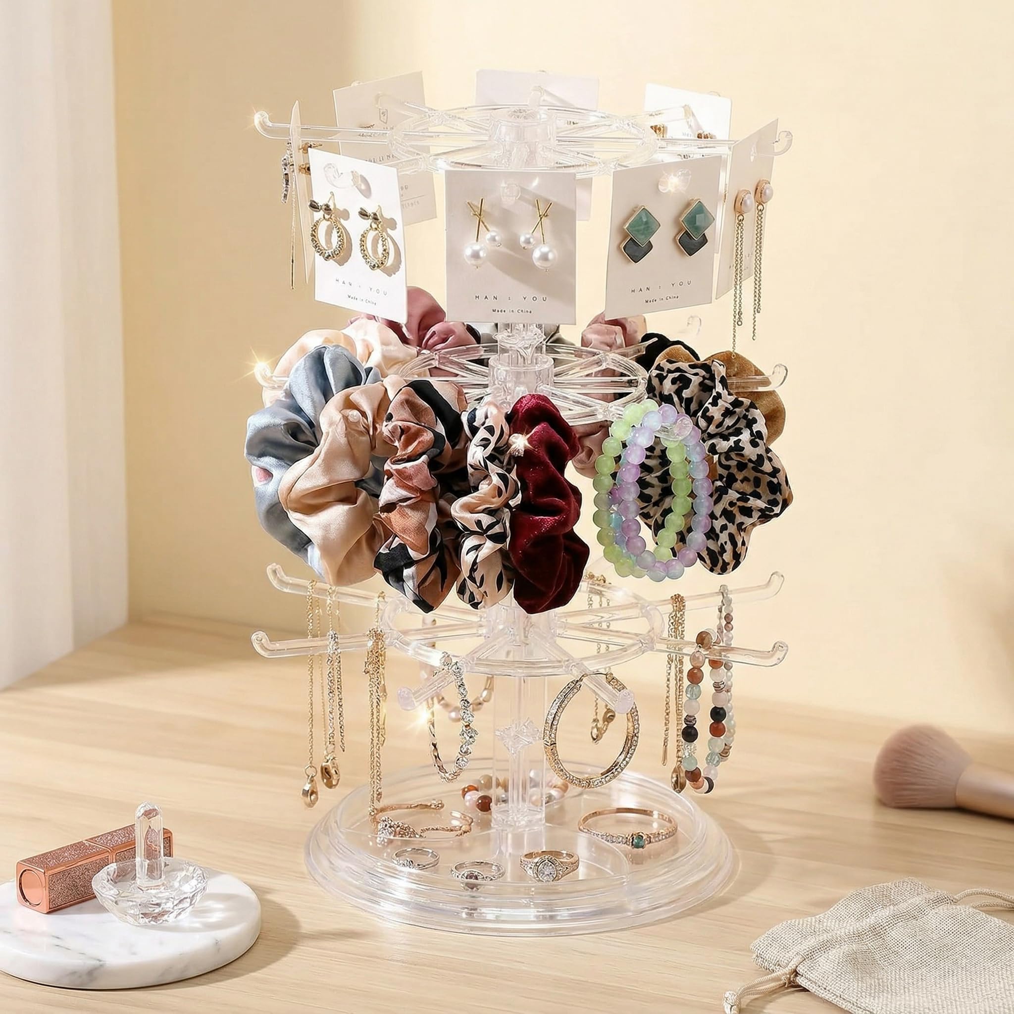 ジュエリースタンド 3段 回転式 大容量 アクセサリースタンド アクセサリー収納 ネックレス ピアス イヤリング ブレスレット 腕時計 鍵 小物 収納 卓上 省スペース 絡まない おしゃれ 展示用 自宅 店舗 販売用 (A) - 2