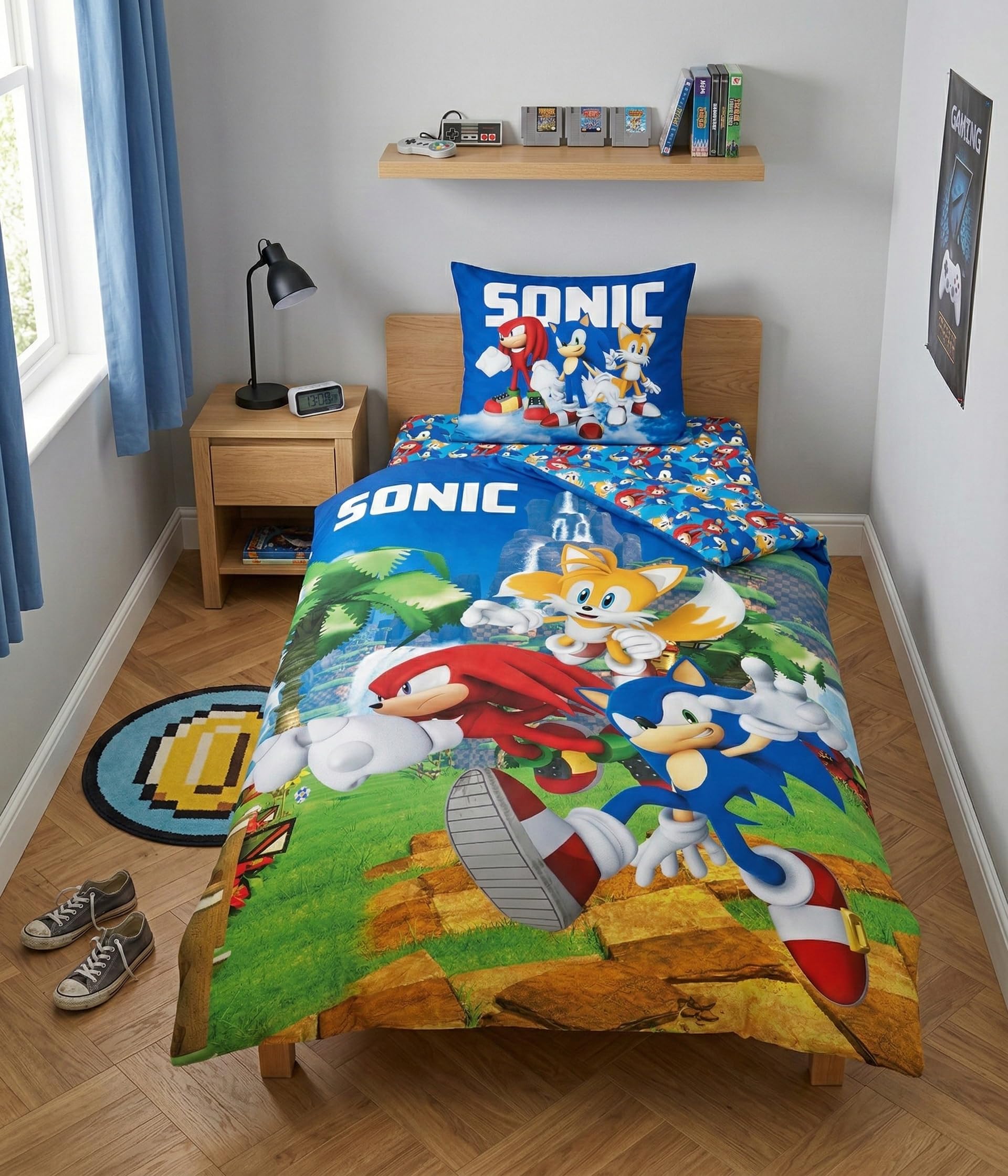 Sonic 3 Piezas Funda Nórdica Cama 90 140x200 + Funda 63x63 + Bajera 90x190 | Funda nórdica + bajera 90x190 | Microfibra secado rápido | Knuckles Tails SEGA oficial | Regalo | Lavable a máquina