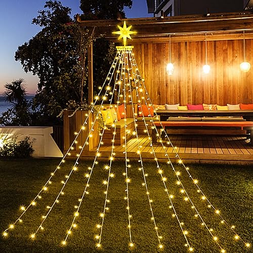Guirnalda de luces de estrella para decoración de Navidad, 16.4 pies, 315 luces LED para árbol de Navidad 8 modos y resistente al agua, con estrella