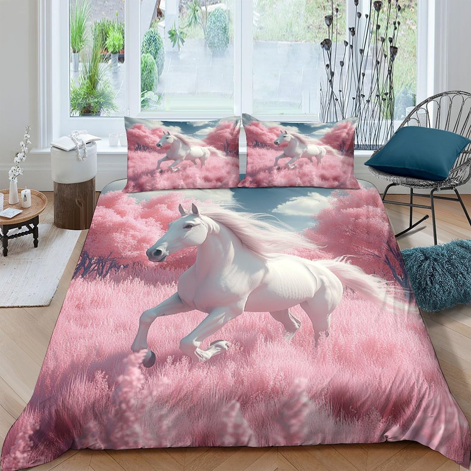 Ctjqhvkz Style-4 3D Printed White Unicorn Fitted Sheet Microfiber Pink Fantasy Forest Mattress Cover For Bedroom Dorm Easy Care Decor Single（135X200cm）