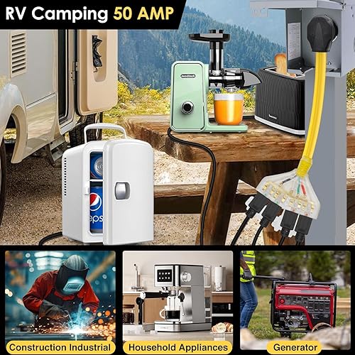 Vista 5 de Adaptador de 50 amperios a 20 amperios 110 Distribución RV NEMA 14-50P 4 clavijas macho a 4X 5-20R enchufe doméstico hembra con tapas de protección