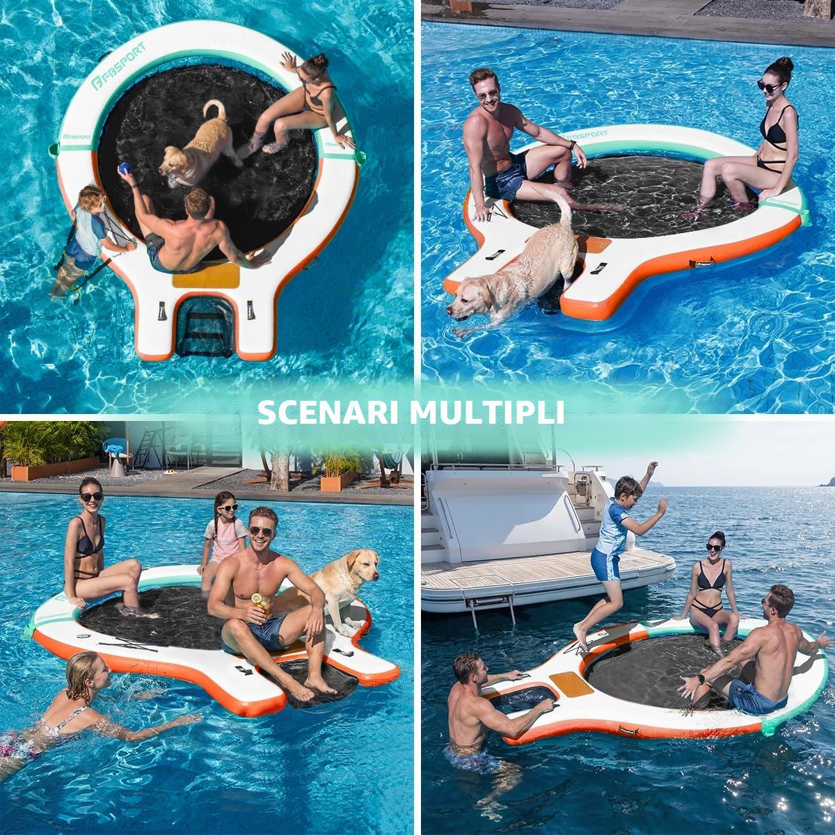 Piattaforma Galleggiante Gonfiabile Sunchill 240 cm per 3-5 Persone con Rampa per Cani, Isola Gonfiabile Rotonda con Scaletta Rimovibile, Portabicchieri, Pompa ad Aria e Borsa per Piscina, Lago e Mare