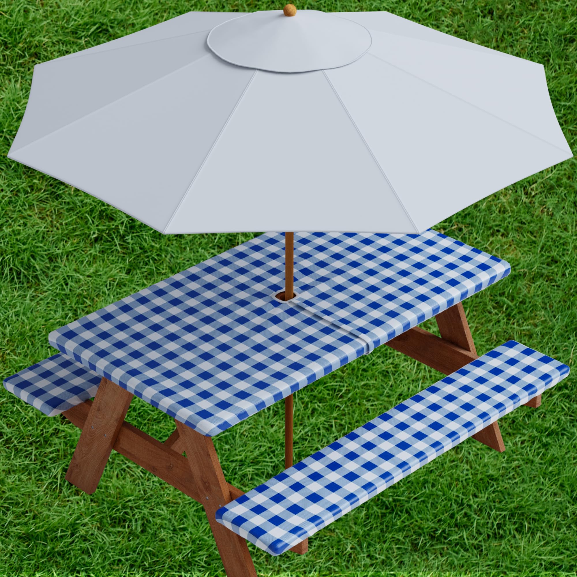 Sorfey Vinyl Umbrella Picnic Table and Bench Fitted Tablecloth Cover, Checkered Design, Flannel Backed Lining, 30x96 Inch, 3-Piece Set, Blue