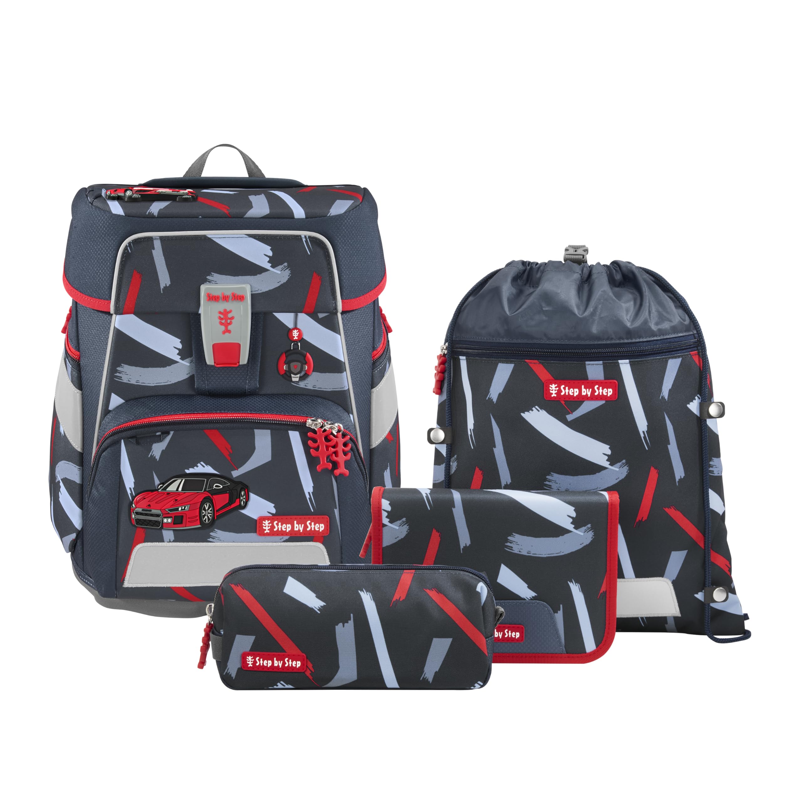 Step by Step Schulranzen-Set SPACE „Sports Car Mick“ 5-teilig, grau-rot, Auto-Design, ergonomischer Tornister mit Reflektoren, höhenverstellbar mit Hüftgurt für Jungen ab der 1. Klasse, 20L