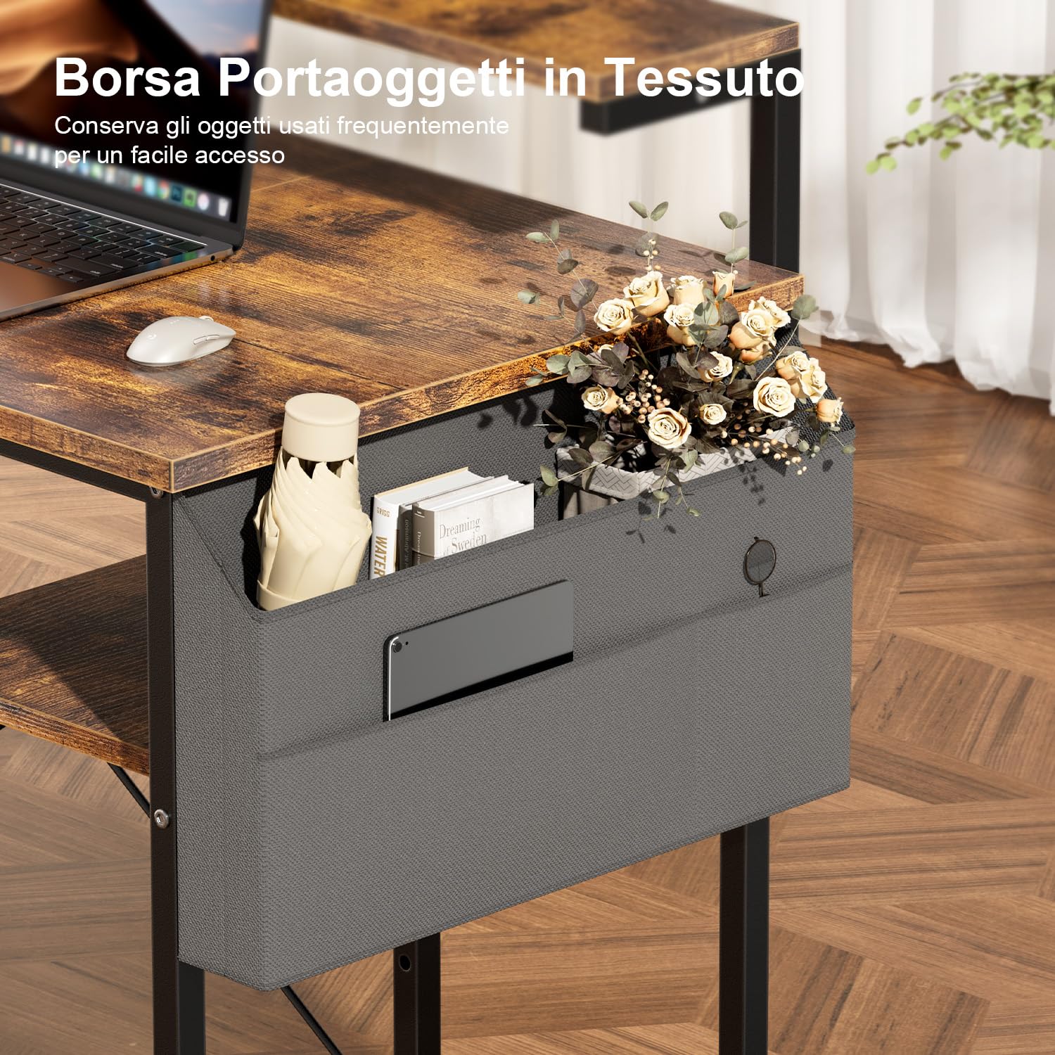 SOLAVERO Scrivania, 100 x 48 cm Scrivania Computer Piccola con Supporto per Monitor, tavolo gaming con Borsa Portaoggetti, Scaffali Regolabili, per Ufficio Domestico, Studio e Gioco, Marrone