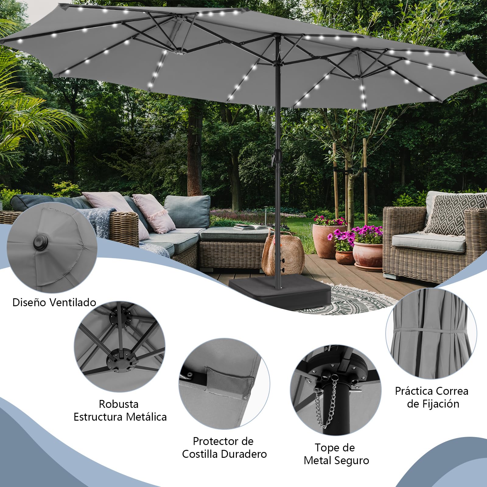 COSTWAY Sombrilla Terraza Exterior Doble, Sombrillas Jardin Grandes con 48 Luces LED y Base, Panel Solar de Carga automática, Manivela, Parasol Terraza Exterior (470 x 280 cm (con LED y Base),Gris)