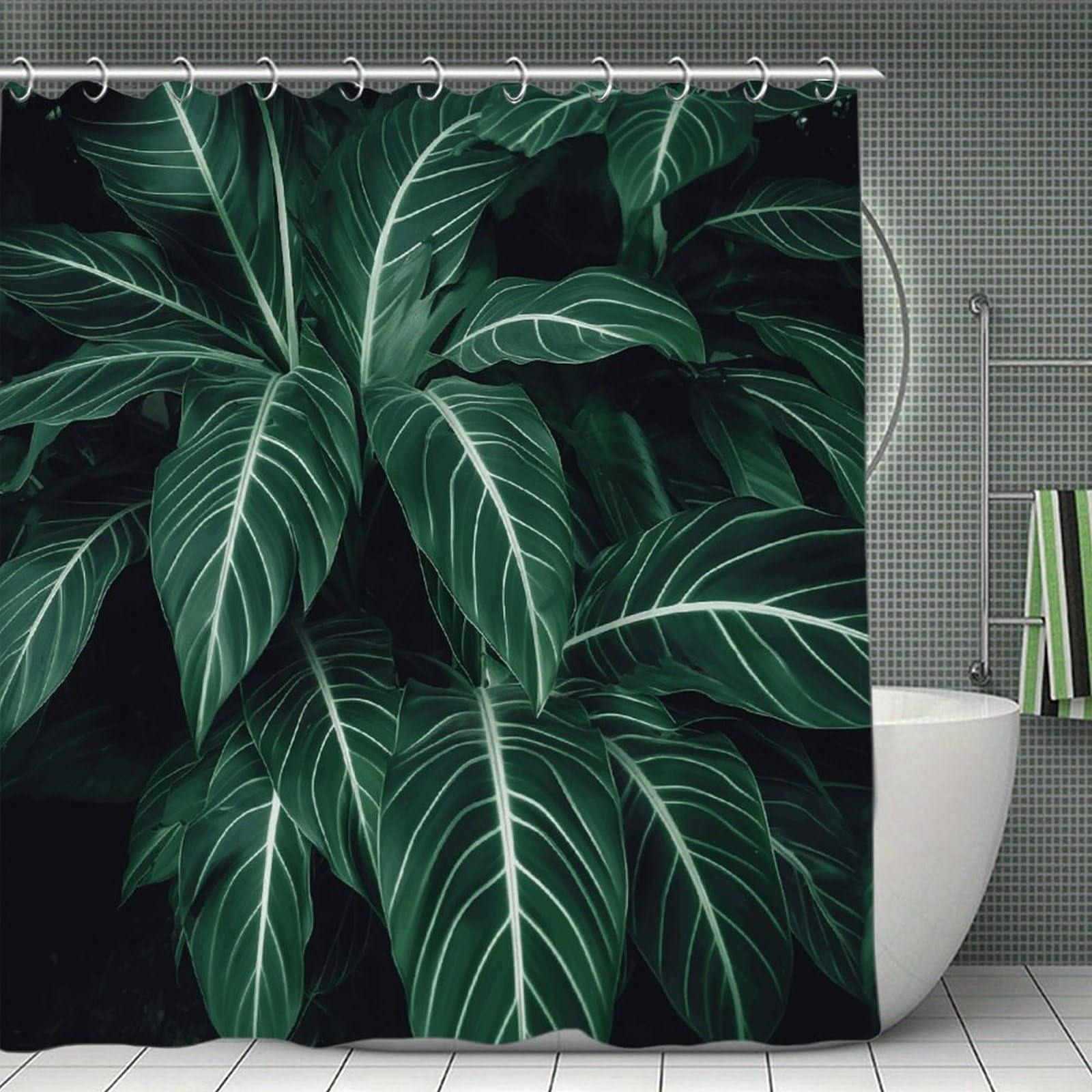 VstaDank Green Long Leaves Shower Curtain Waterproof Bathroom Curtain with Hooks Luxury Weighted Bath Curtains for Bathtubs Showers Room Dividers Decorative Shower Curtains 71x71 in