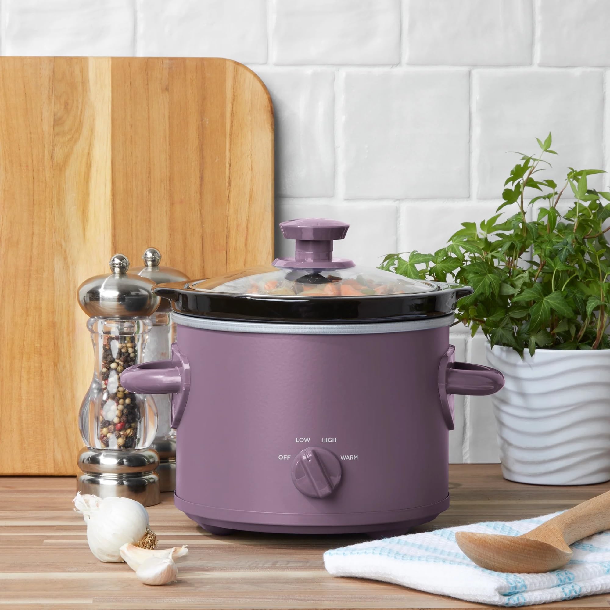 Enchanting Purple 2 Qt Manual Slow Cooker - 2 Temp Settings Removable Stoneware Crock Cool-Touch Handle Singles Couples