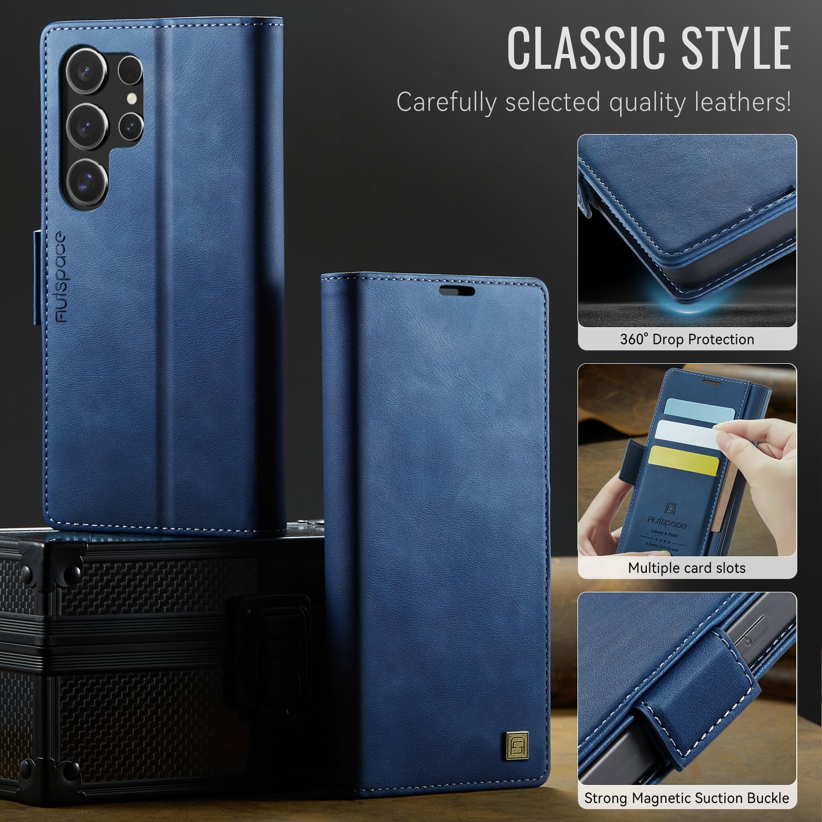 Etui do Samsung Galaxy S24 Ultra 5G, wysokiej jakości skóra PU etui z klapką pokrowiec na telefon，[ochrona RFID], z podpórką/przegródkami na karty, odporne na wstrząsy Case, Niebieski