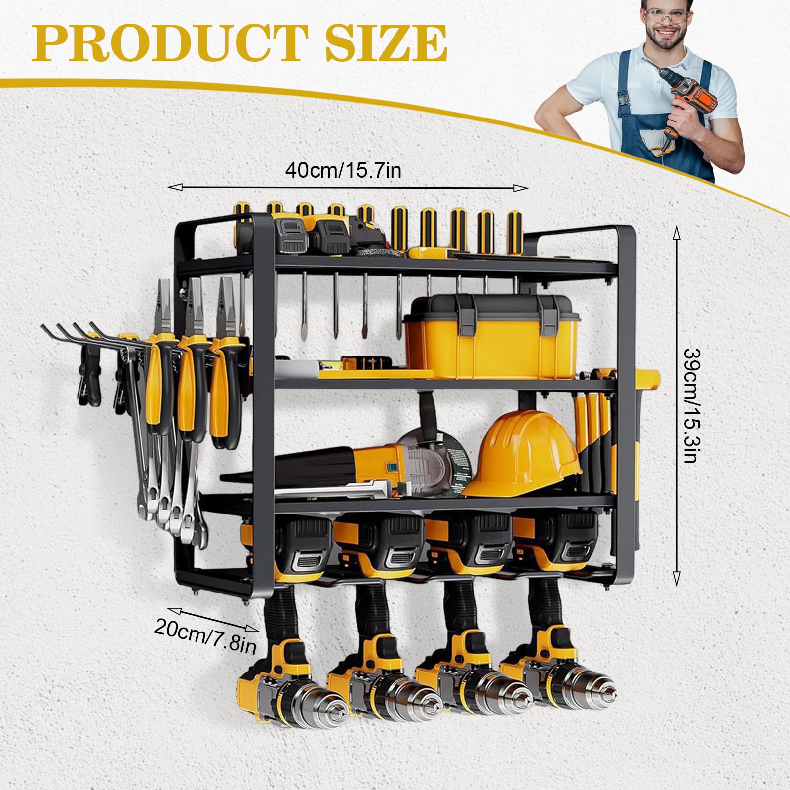 Soporte de pared para herramientas eléctricas de alta resistencia – Estante de almacenamiento de herramientas de capacidad de 200 libras con 4 soportes para taladros, ideal para taller, cobertizo