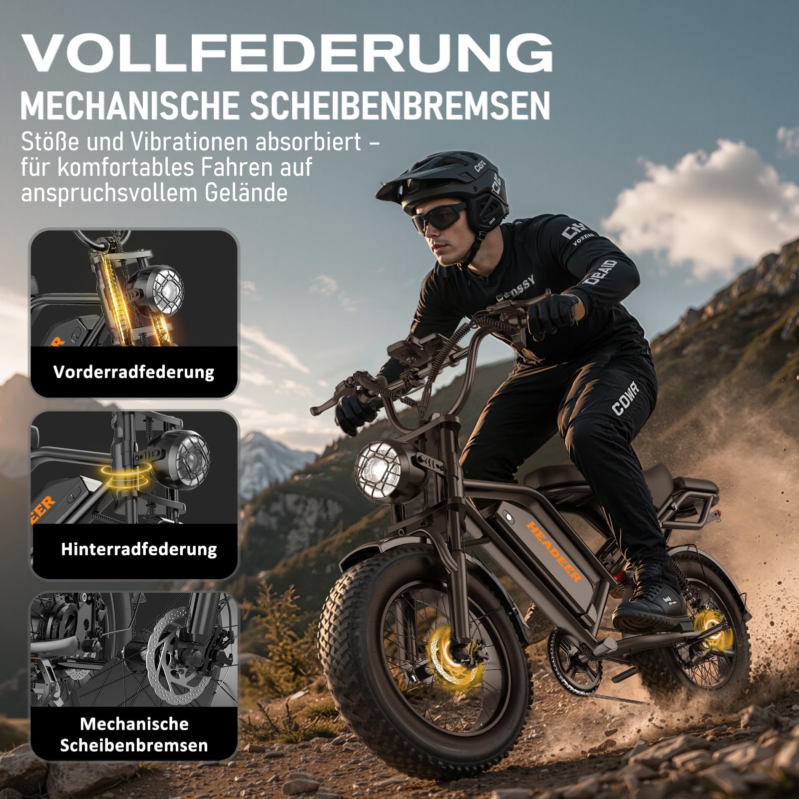 Lunos BK20 Elektrofahrrad für Erwachsene, 20 Zoll Fettreifen All-Terrain Offroad E-Bike, 48V 20AH abnehmbare Batterie, 50-80KM Reichweite, Vollgefedert, 7-Gang Schaltung, LED-Vorderlicht