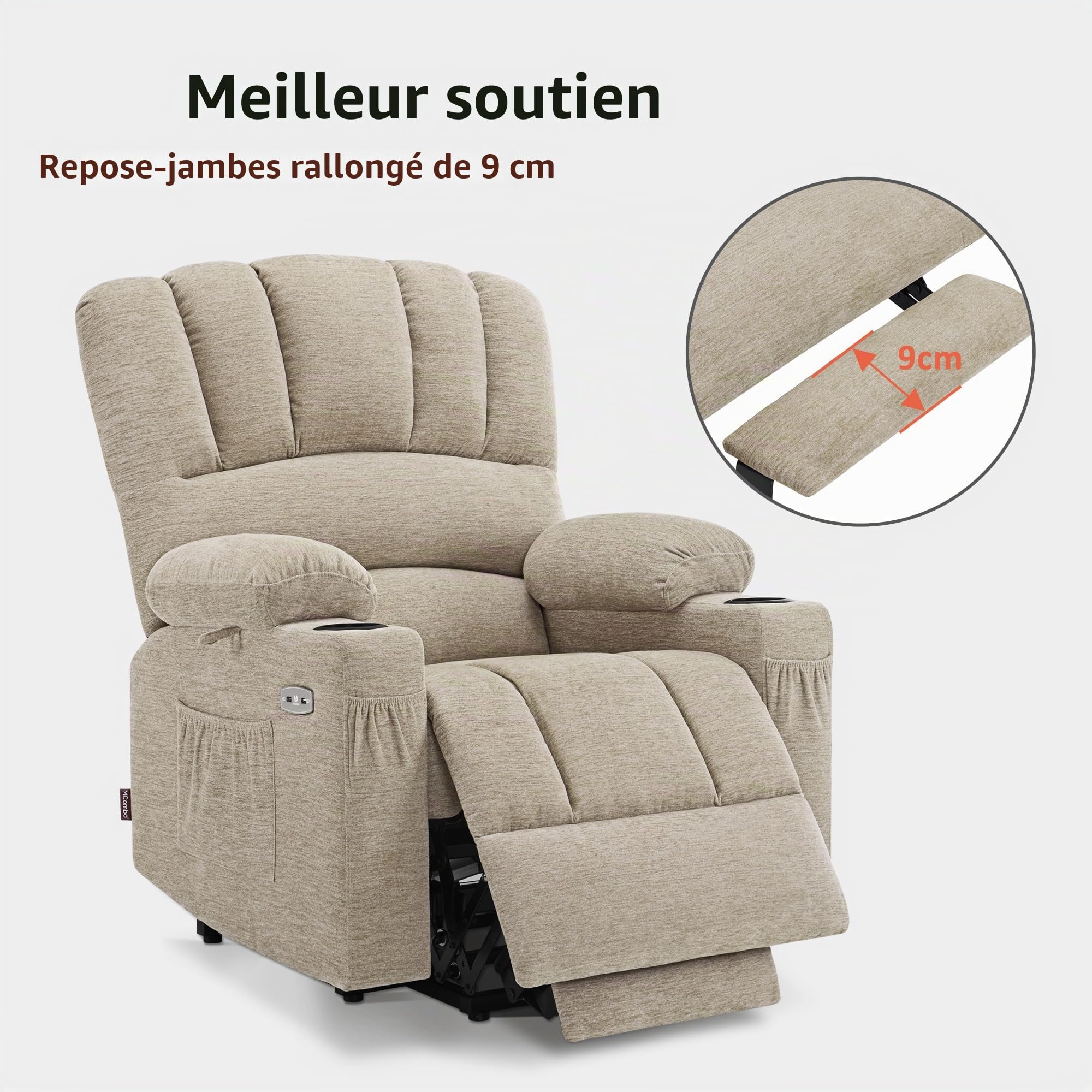 M MCombo Fauteuilavec Aide à se Lever électrique, Fauteuil Relax avec Fonction inclinable, Fauteuil de Massage avec Fonction de Chaleur, pour Le Salon des Seniors, 7102 (Tissu, Beige)