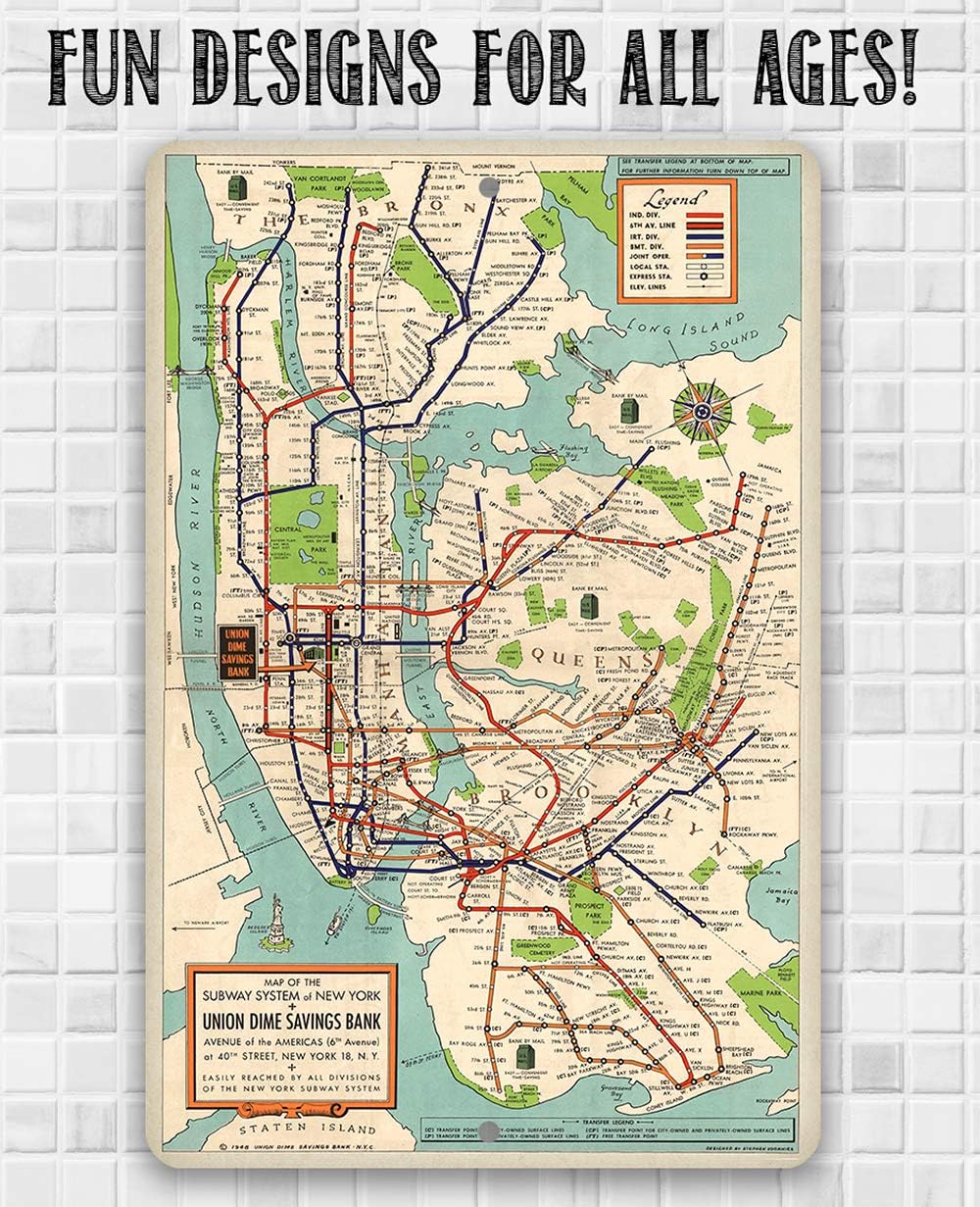 New York Subway Map 1948 Metal Sign – 12x18 Vintage NYC Transit Wall Art, Historic of New York, Durable Indoor/Outdoor Decor, Classic Gift for Map Collectors and Urban History Enthusiasts
