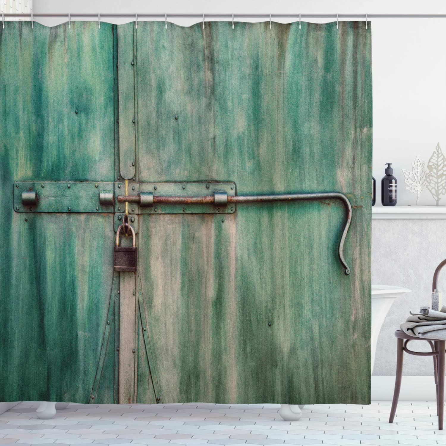 Ambesonne Industrial Shower Curtain, Aged and Closed Door with a Lock Close up View in Retro Style Entrance Photo, Cloth Fabric Bathroom Decor Set with Hooks, 69" W x 70" L, Seafoam Green Brown