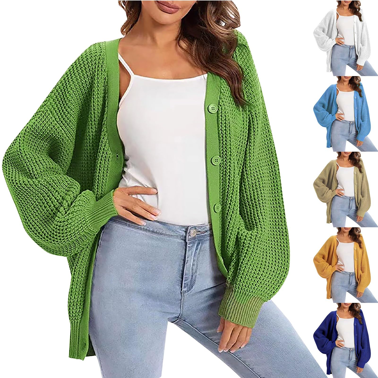Cardigan Sweaters for Women Open Front Button Down Long Sleeve Knit Jacket Loose Fit Lightweight V Neck Outwear