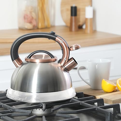 Miniatura 2 de Mr. Coffee Flintshire - Hervidor de té grande de acero inoxidable silbante de 2.2 cuartos de galón, cepillo de acero inoxidable con cobre