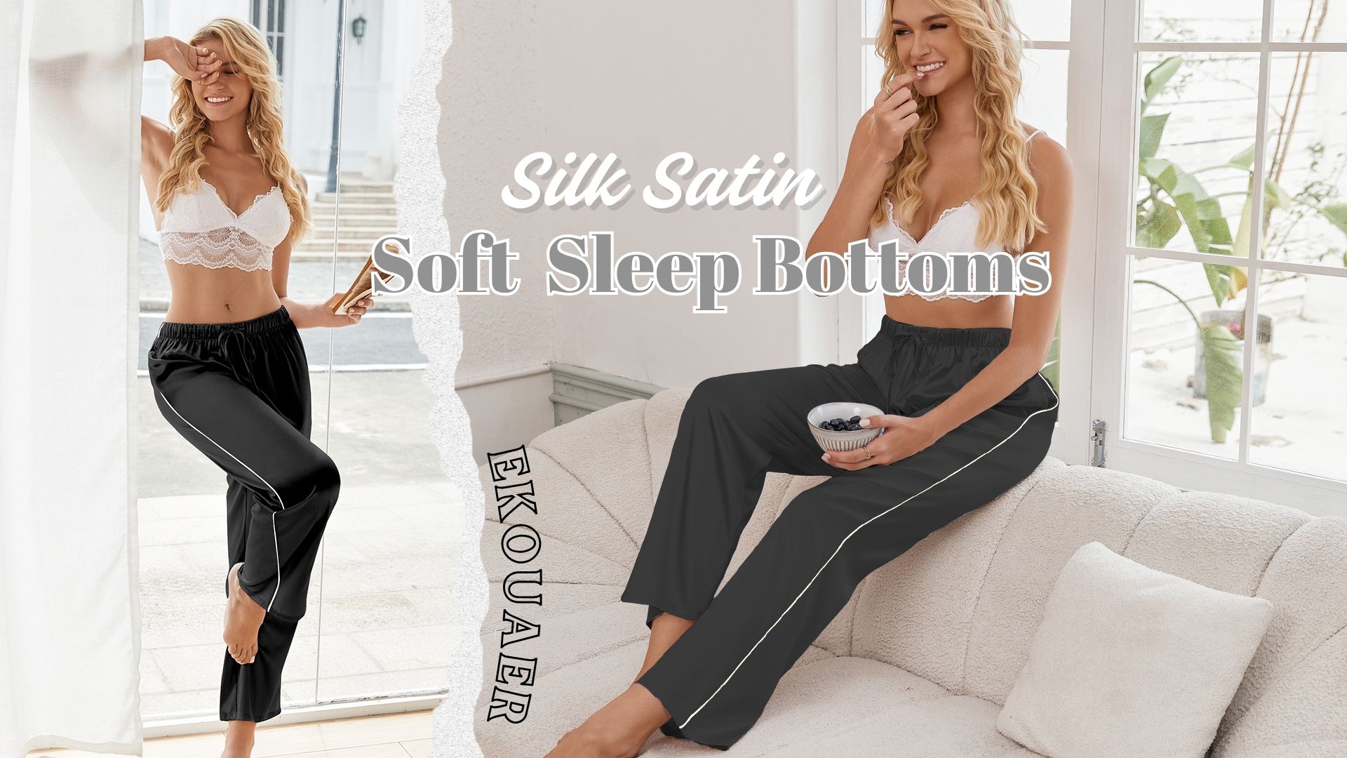 Ekouaer Womens Silk Satin Pajama Pants Soft Comfy Loose Pj Pants