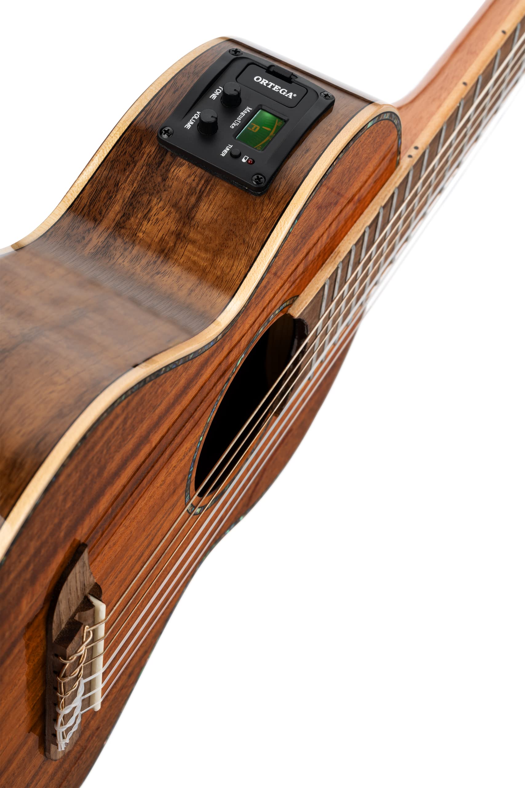 Ortega Guitars Travel Guitar Electro-Acoustic – Seria Mini Travel – Lita Akacja, Wykończenie Naturalne Połysk (RGLE18ACA)