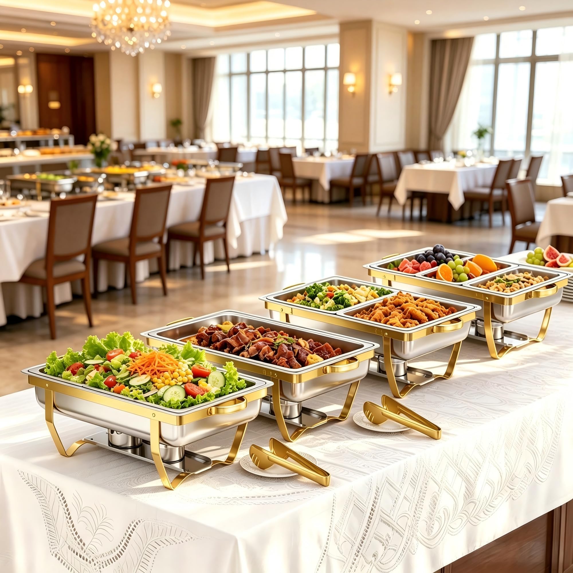 4 Stück Rechteckig Chafing Dish 9QT Edelstahl Warmhaltebehälter | Bain-Marie Heizung, 7 Pfannen, Komplettes Set mit Utensilien, Faltbarer Ständer, Stapelbare, für Kreise, Hochzeit, Catering