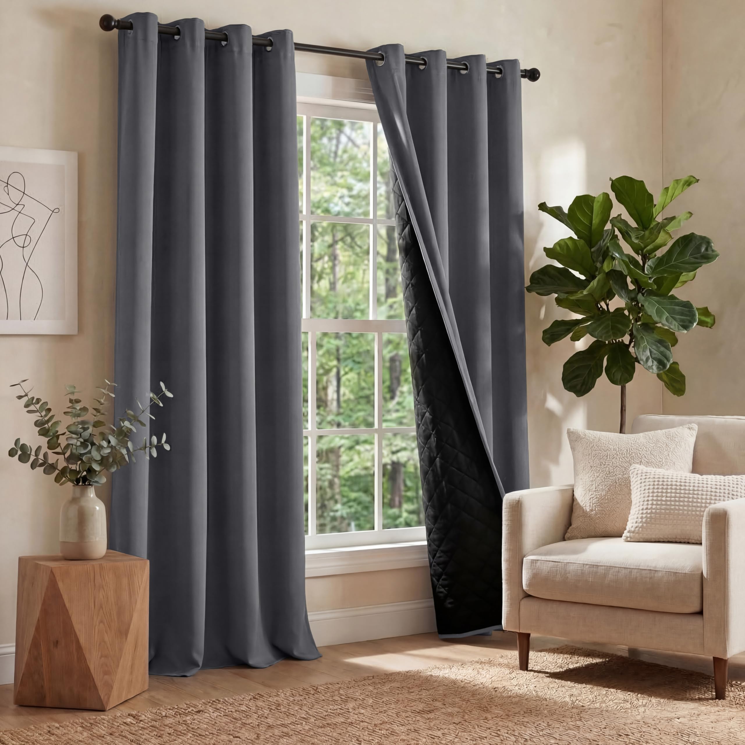 PONY DANCE Curtains Grises 100% Opacas de Dos Capas para Salon/Dormtiorio 2 Piezas 140x210cm, Cortinas Termicas Aislantes Calor con Forro Negro
