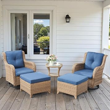 Patio Bistro Set with Outdoor Swivel Chairs, Wicker Outdoor Patio Swivel Chairs with Ottomans and Side Table, Furniture Set for Yard, Deck, Garden, Yellow Wicker/Blue Cushion
