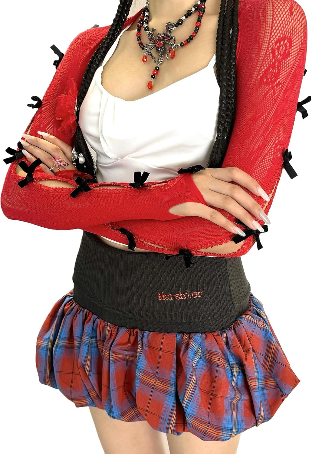 Women's Mesh Lace Shrug Crop Top Y2K Aesthetic Grunge Arm Sleeves Cardigan with Bow Going Out Shirts Summer - Image 2